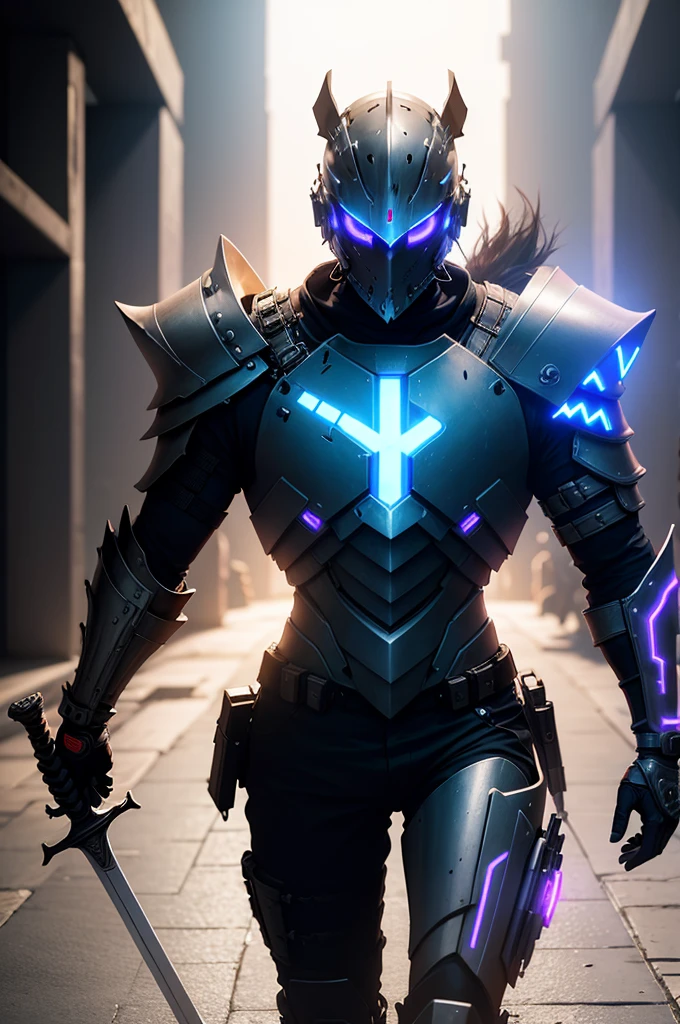 Armor and sword with attention to detail glowing neon near future masked warrior cyberpunked