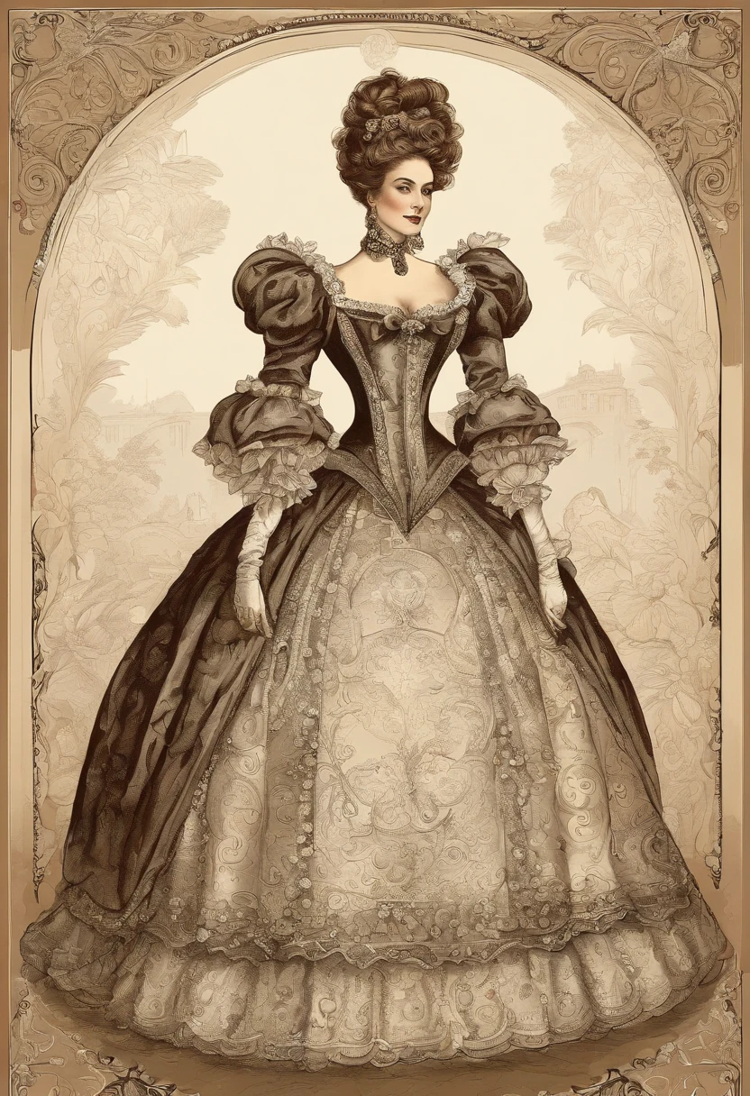 Fairytale Illustration, A Stately and Elaborate Royal Victorian Court Dress of silver damask adorned with (((bows))), poufs, ruffles, frills, lace, (((embroidery))), and jewels,, with (((enormous puffed sleeves))), an hourglass waist, and a (((huge crinoline hoopskirt))) long white gloves, pearl necklace and earrings