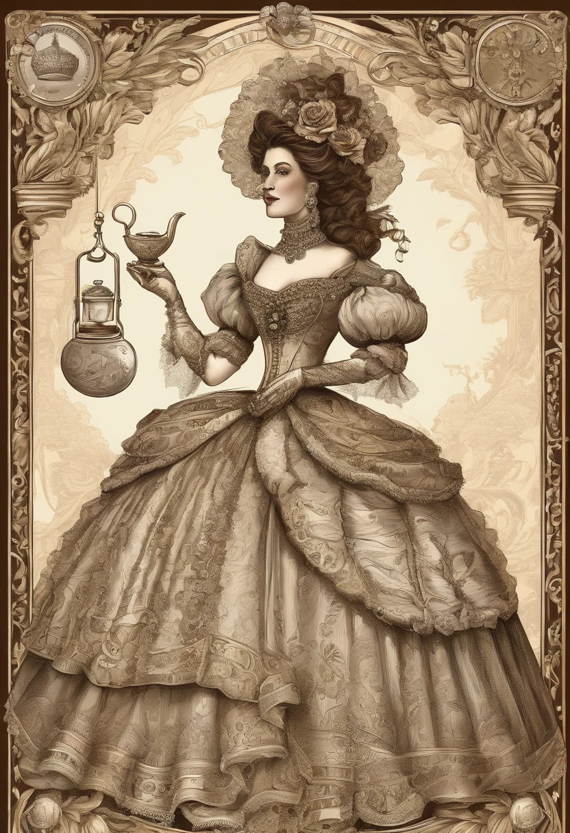 Fairytale Illustration, A Stately and Elaborate Royal Victorian Court Dress of silver damask adorned with (((bows))), poufs, ruffles, frills, lace, (((embroidery))), and jewels,, with (((enormous puffed sleeves))), an hourglass waist, and a (((huge crinoline hoopskirt))) long white gloves, pearl necklace and earrings
