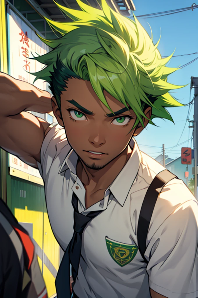 Blasian man, male, green eyes, sunlight, lime-green hair, school Outfit, pretty, highly detailed, cinematic, epic, anime style