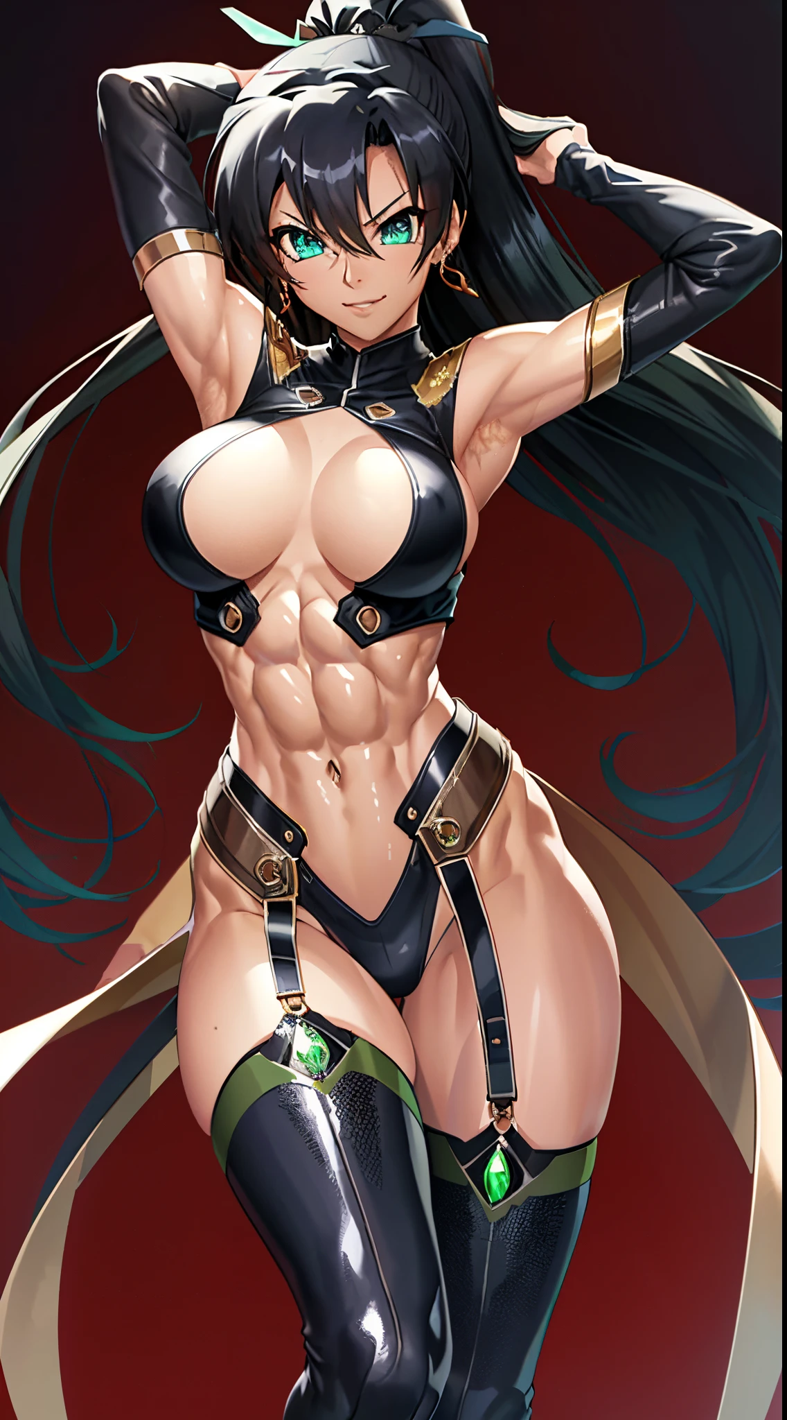 masterpiece, best quality, 1girl, breasts, solo, fuuma tokiko, black hair, long hair, ponytail, black leotard, black thighhighs, garter straps, black elbow gloves, green gemstone, jewelry, highleg leotard, thigh boots, smile, (abs:1.7), toned, looking at viewer, (muscular:1.3), (midriff baring:1.5)