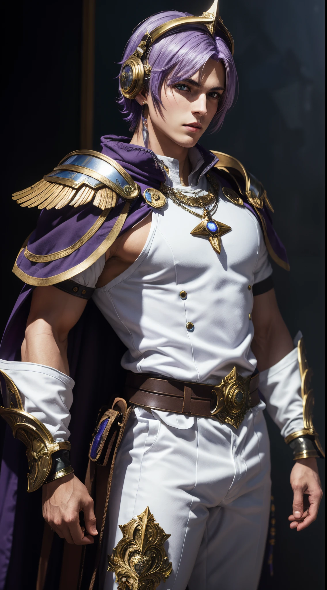 (absurdres, highres, ultra detailed, HDR), masterpiece, best quality, Valkyrie Profile Character handsome boy in white Valkyrie suit short hair wearing headgear purple hair