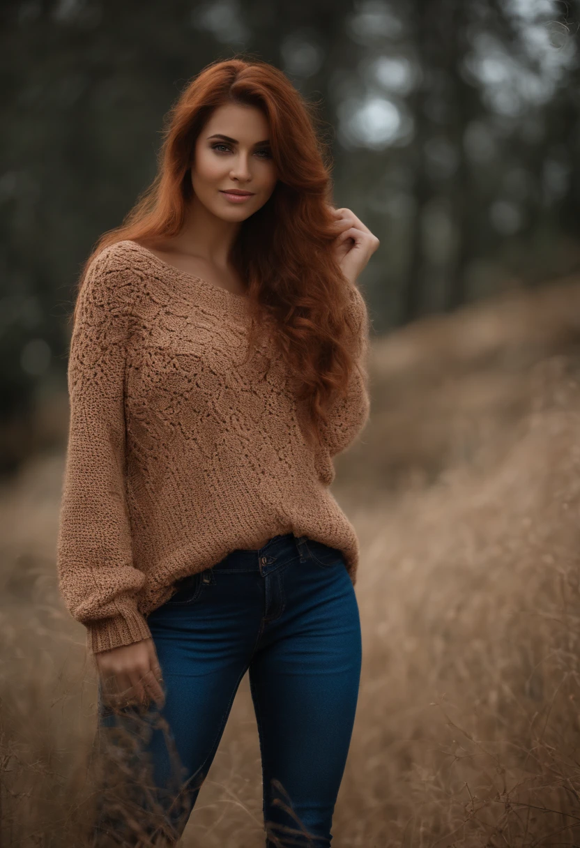 profesional, (Foto 4K:1.1) (foco nítido:1.3), High detail, Llevar (Knitted sweater:1.2), Hermosa cara detallada, Pretty woman with long red hair looks at the camera , Panasonic Lumix s pro 50mm f/1.4, Anne Stokes, Salpicadura de color, naranja oscuro y esmeralda oscura, Ferrania P30, Foto realista, (Mujer joven atractiva:1.3), (seductor:1.1), (ruboroso:1.1), Forma del cuerpo del reloj de arena, que se note e que va al gym, Pechos grandes y redondos, caderas delgadas, En el gym, 20 years old,