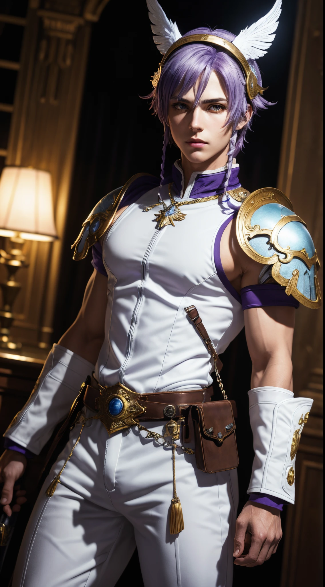 (absurdres, highres, ultra detailed, HDR), masterpiece, best quality, Valkyrie Profile Character handsome boy in white Valkyrie suit short hair wearing headgear pink hair