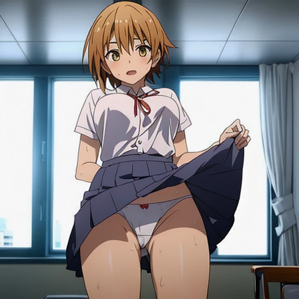 blushed、（Female 1、Japan school uniform、panty shot、White panties that cut into your thighs、checked skirt）、is standing、vaginal、Angle from below、short-hair、full body Esbian、feminine breasts、ligh brown hair、(masutepiece, Best Quality）、 Shiny skin、(1girll: nase, Naughty blush, Sweat flows）