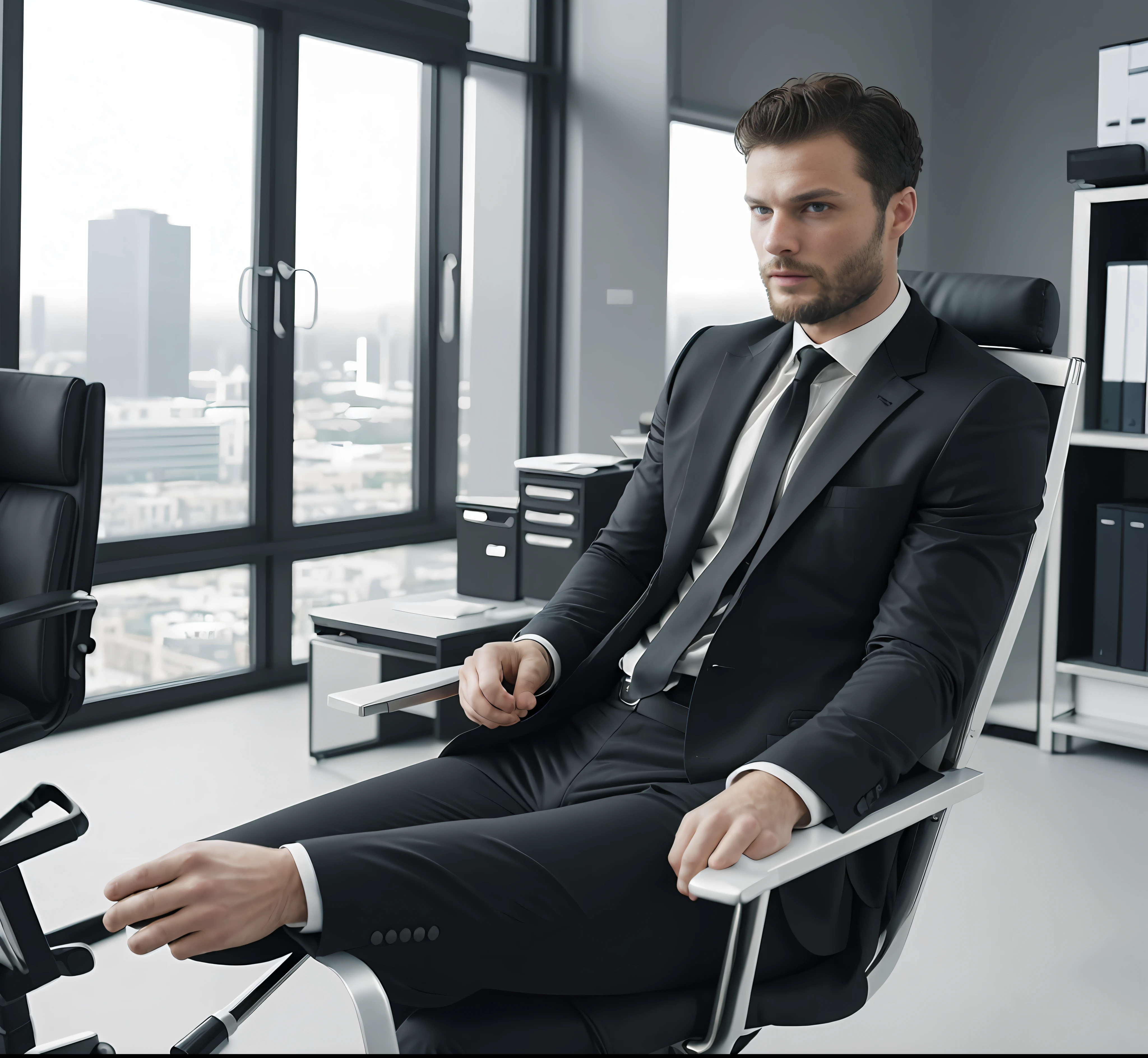 (Man ceo sitting in office chair), Wearing suit, (Beard and attractive) movie scene, (Impeccable), Serious and elegant man, Actor Jamie Dornan, with thick male eyebrows, secret agent 007 man style, (with mysterious and serious face,) short dark hair, elegant and elegant, body fit and strong fit in suit, Man similar to actor Jamie Dornan, ( high quality and realistic image), ((Best Quality, 8k, Masterpiece).