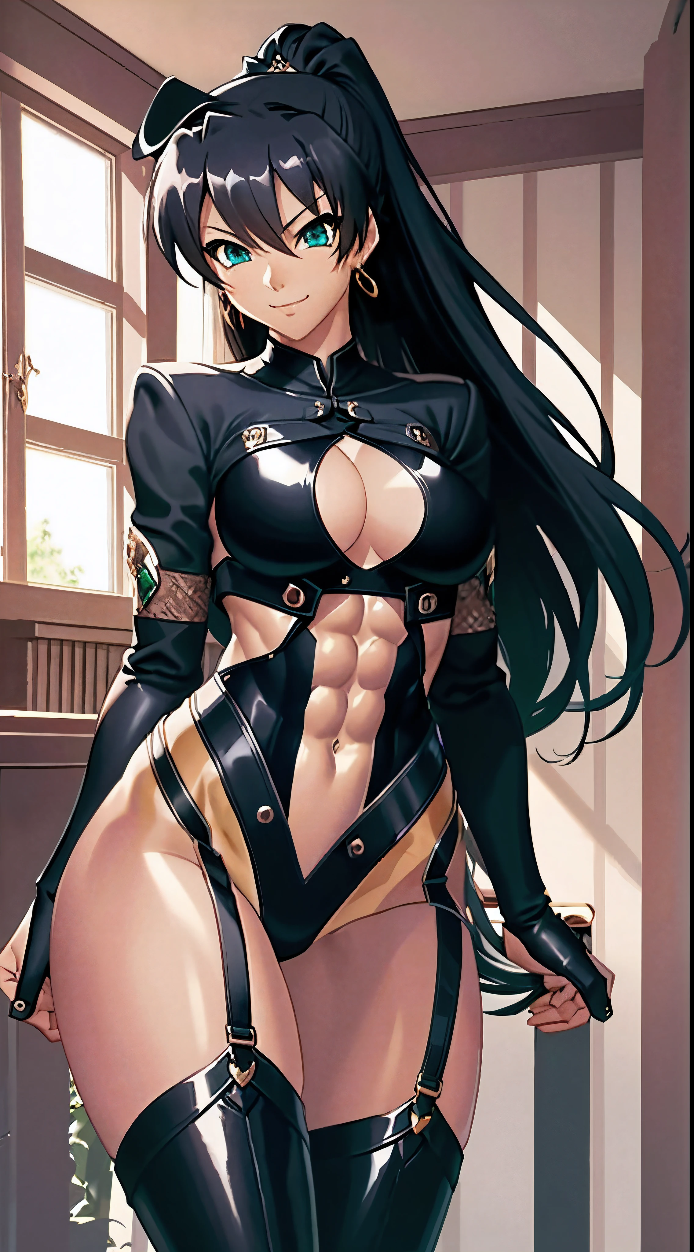 masterpiece, best quality, 1girl, breasts, solo, fuuma tokiko, black hair, long hair, ponytail, black leotard, black thighhighs, garter straps, black elbow gloves, green gemstone, jewelry, highleg leotard, thigh boots, smile, (abs:1.7), toned, looking at viewer, (muscular:1.3), (midriff baring:1.5)