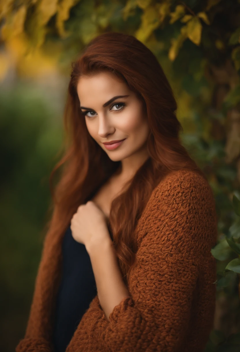 profesional, (Foto 4K:1.1)  (foco nítido:1.3), High detail, Llevar (Knitted sweater:1.2), Hermosa cara detallada, Pretty woman with long red hair looks at the camera , Panasonic Lumix s pro 50mm f/1.4, Anne Stokes, Salpicadura de color, naranja oscuro y esmeralda oscura, Ferrania P30, Foto realista, (Mujer joven atractiva:1.3), (seductor:1.1), (ruboroso:1.1), Forma del cuerpo del reloj de arena, que se note e que va al gym, Pechos grandes y redondos, caderas delgadas, En el gym, 20 years old,