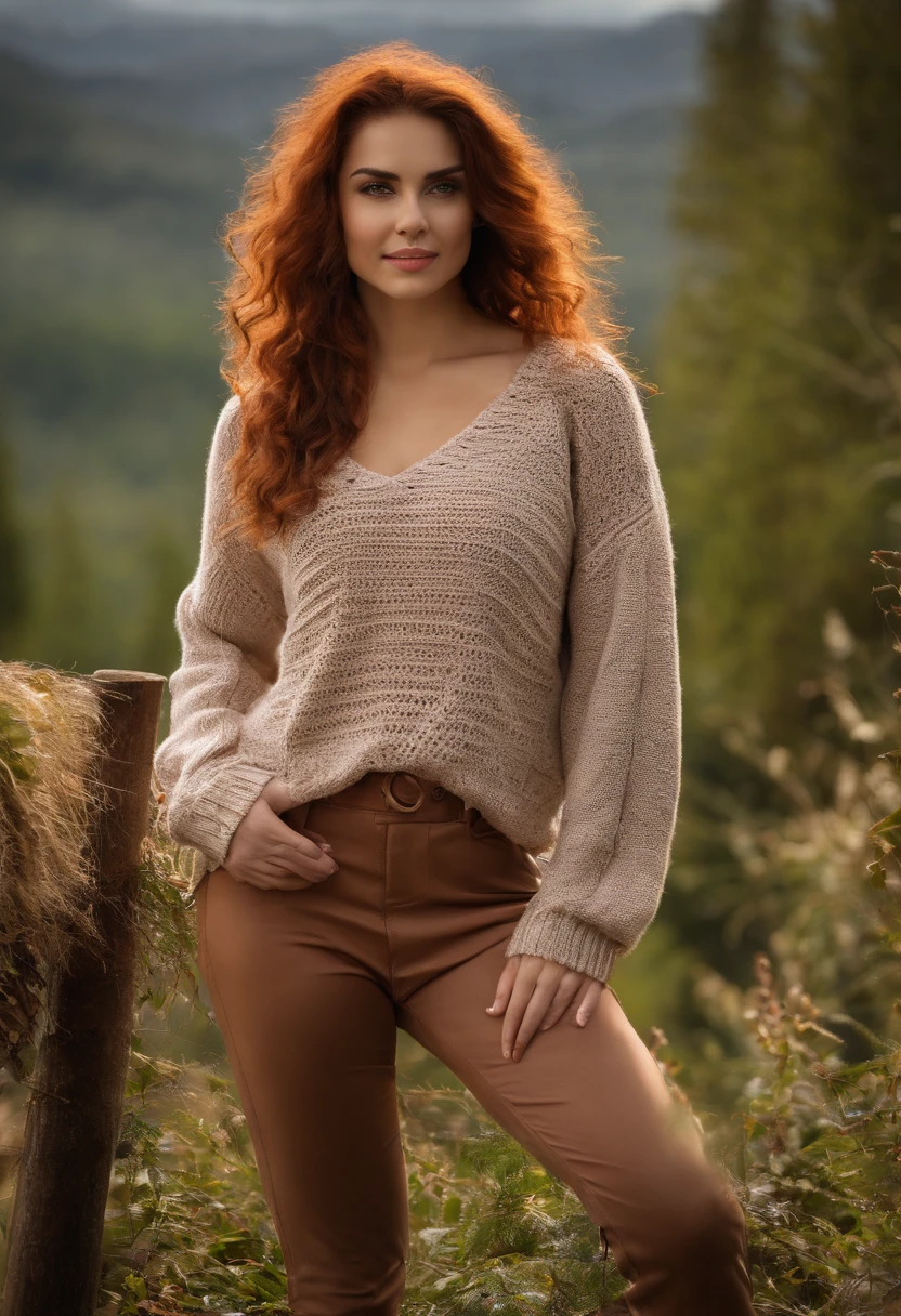 profesional, (Foto 4K:1.1) (foco nítido:1.3), High detail, Llevar (Knitted sweater:1.2), Hermosa cara detallada, Pretty woman with long red hair looks at the camera , Panasonic Lumix s pro 50mm f/1.4, Anne Stokes, Salpicadura de color, naranja oscuro y esmeralda oscura, Ferrania P30, Foto realista, (Mujer joven atractiva:1.3), (seductor:1.1), (ruboroso:1.1), Forma del cuerpo del reloj de arena, que se note e que va al gym, Pechos grandes y redondos, caderas delgadas, En el gym, 20 years old,