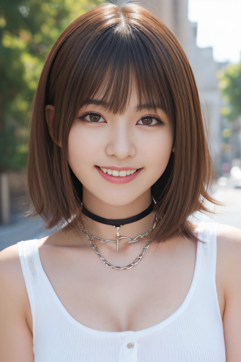 masutepiece, Best Quality, One girl, (Beautiful Girl:1.3), (18 years old:1.2), Very fine eye definition, (Symmetrical eyes:1.3), NSFW, (Cute sleeveless:1.3), Beautiful breasts, Brown eyes, Parted bangs, Brown hair, Upper teeth、Background outdoor、Smile、chain and lock choker