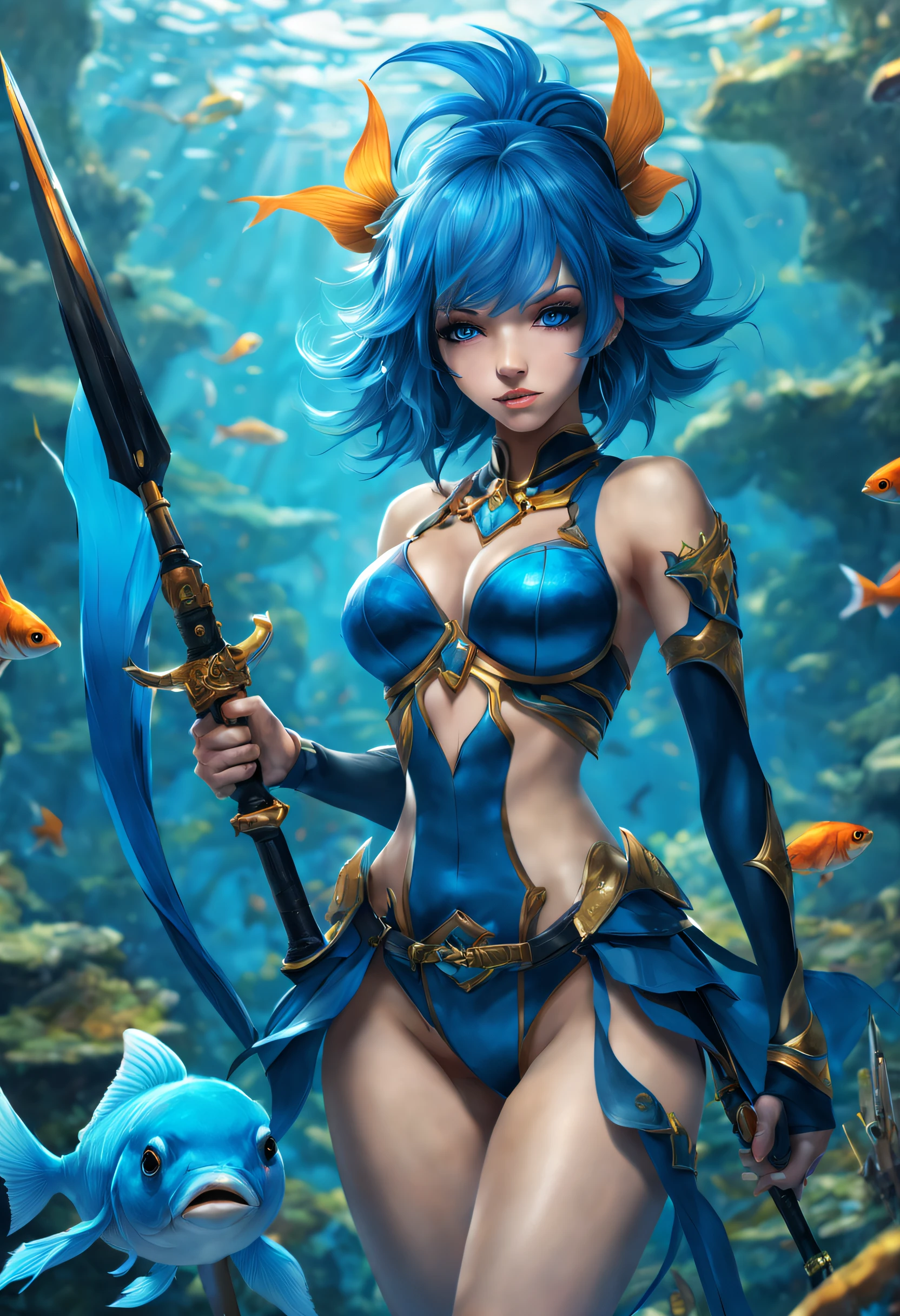 A Spearman Goldfish, Blue hair, weapons, fantasy world, perfect body, perfect face, HD