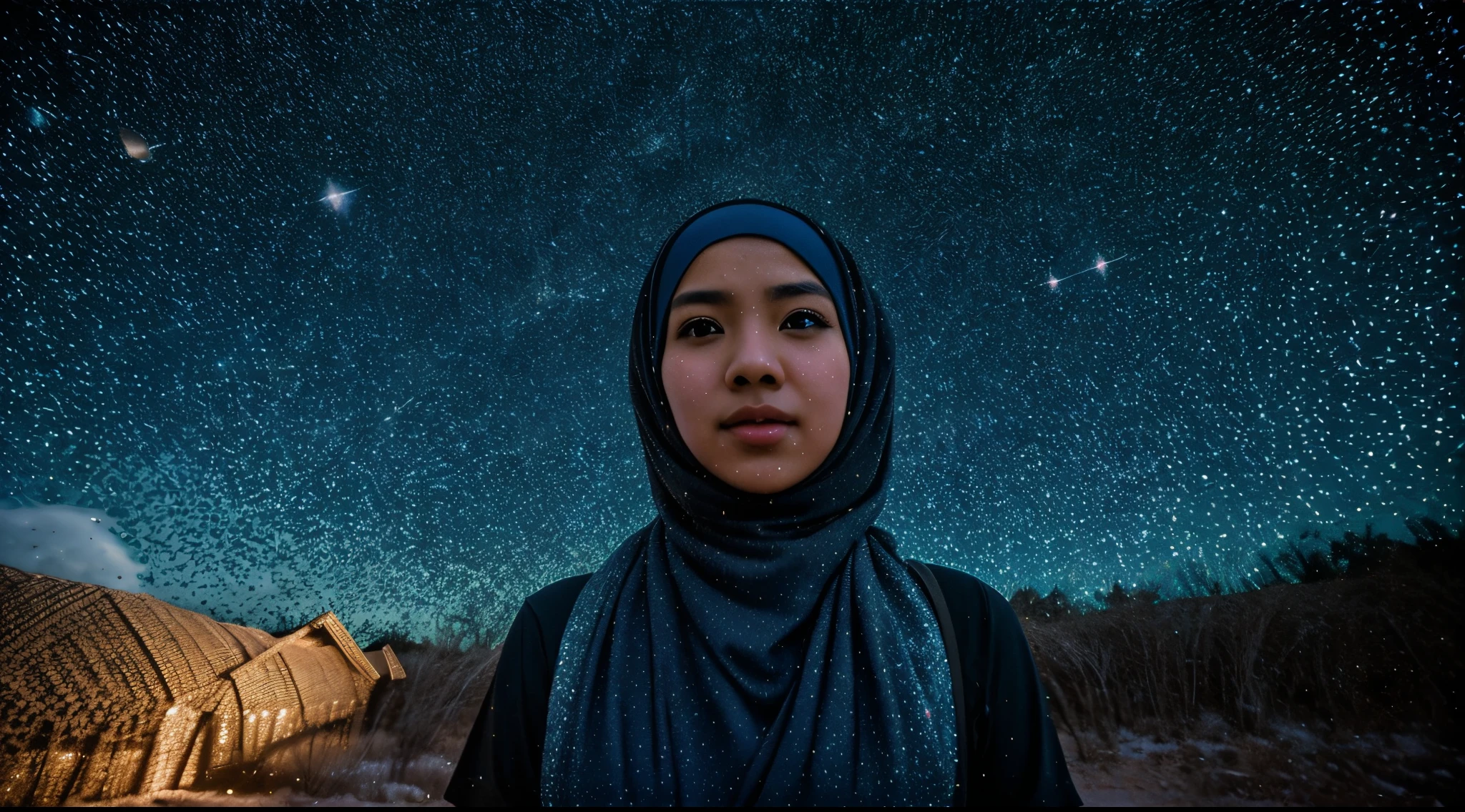 Craft a magical photo of a Malay girl in hijab under a starlit night sky, surrounded by shimmering constellations. Use long-exposure techniques to capture the movement of stars. Apply a cool, cosmic color scheme for a dreamlike effect, Super 8mm, Low angle shot, bright color grading, depth of field, western