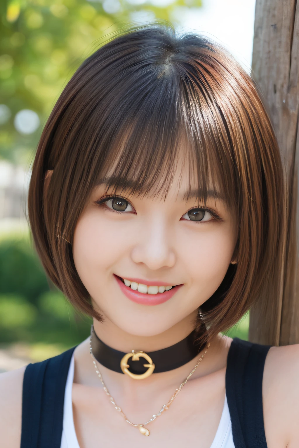 masutepiece, Best Quality, One girl, (Beautiful Girl:1.3), (18 years old:1.2), Very fine eye definition, (Symmetrical eyes:1.3), NSFW, (Cute sleeveless:1.3), Beautiful breasts, Brown eyes, Parted bangs, Brown hair, Upper teeth、Background outdoor、Smile、chain and lock choker