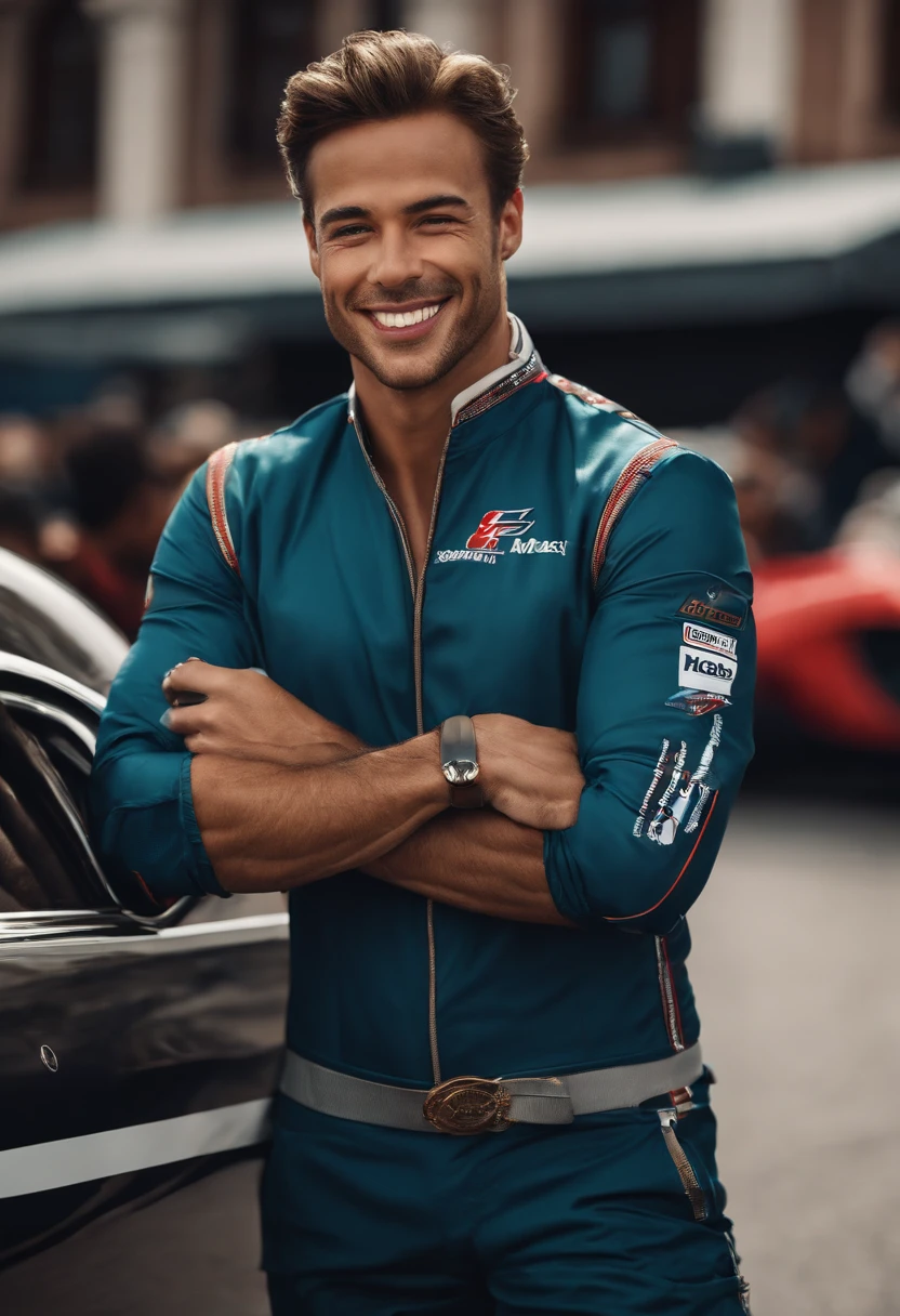A photo of Sterling joining a group of fans in a impromptu street race, revving his engine and flashing his signature smile.,original,Max “Velocity” Sterling, a fictional Formula One champion, is the epitome of speed and charisma on the racetrack. With a sharp, athletic build, his appearance is as flashy as his driving style, often seen in custom racing gear emblazoned with bold logos and his trademark lightning symbol. His hair is styled with the same carefree audacity that he shows behind the wheel, and his confident, roguish smile has made him a heartthrob in the international racing scene.