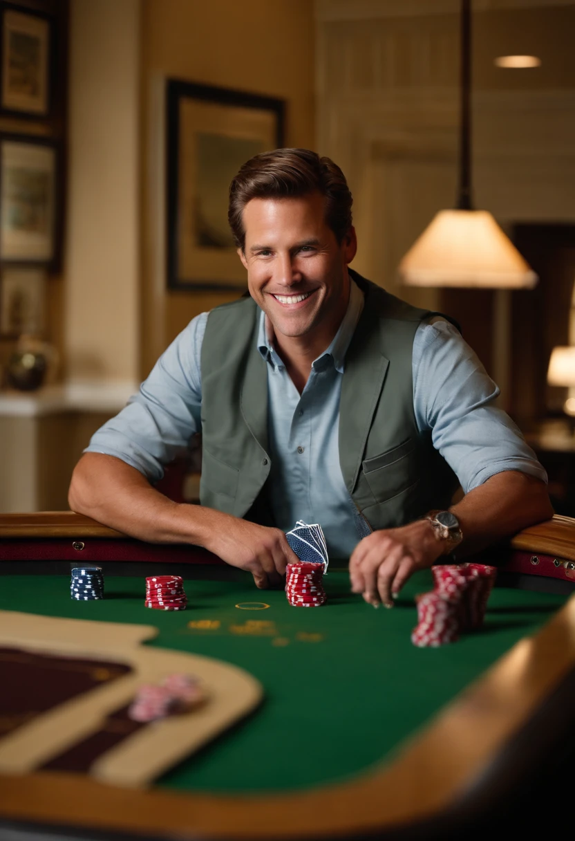 A photo of a high-stakes poker table with a pile of chips and intense players,original,Bryce Hamilton, a quintessential Sand Hill Road venture capitalist, is always seen in his trademark Patagonia vest, a staple even in the summer heat, paired with crisp, casual chinos and a button-down shirt, embodying the classic Silicon Valley investor look. His appearance is meticulously groomed, from his styled hair to his polished, yet approachable, smile, projecting an image of success and confidence.