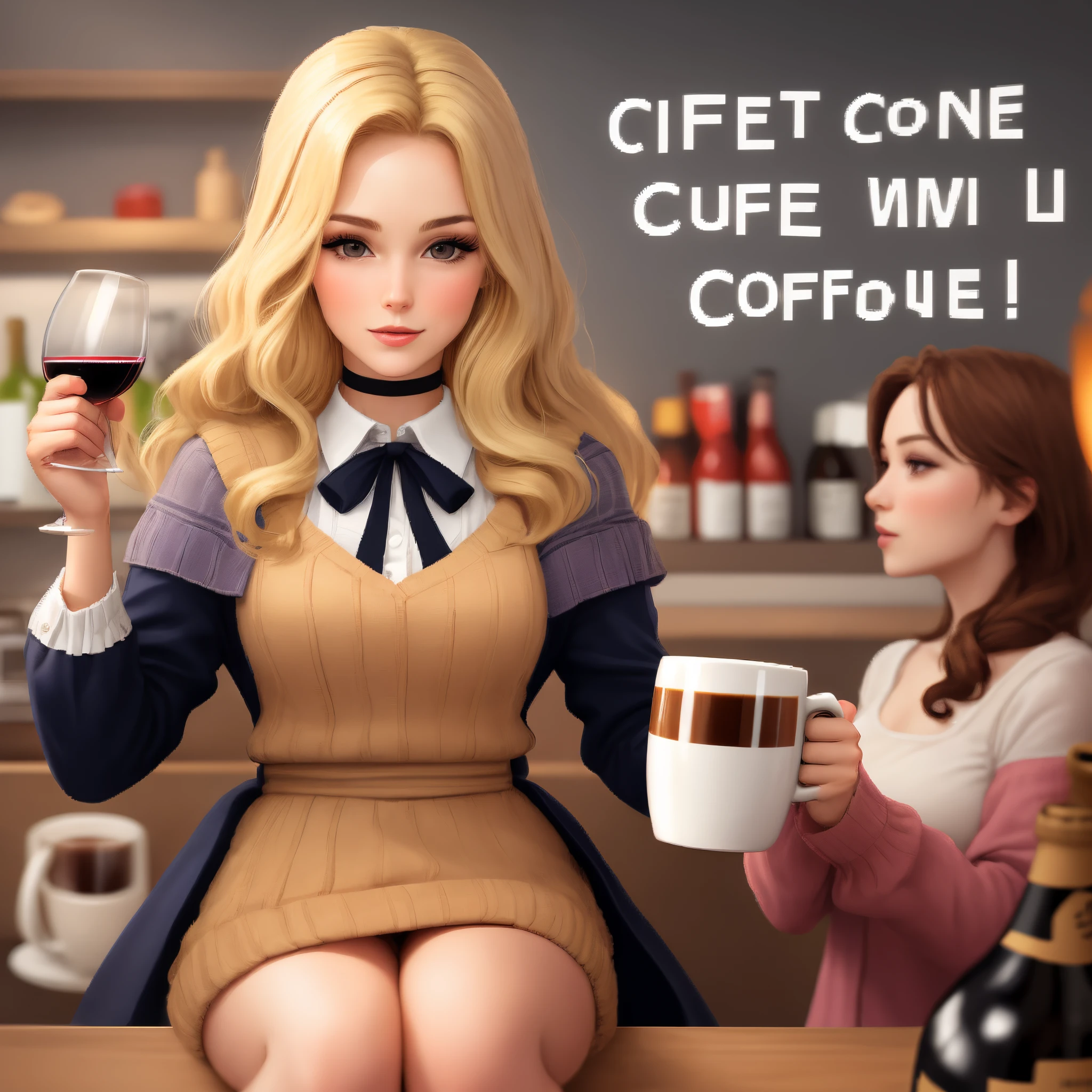 Create pixel image of a blonde woman with a cup with the words coffee, it's too early for wine and a bottle of wine with the words Sextou