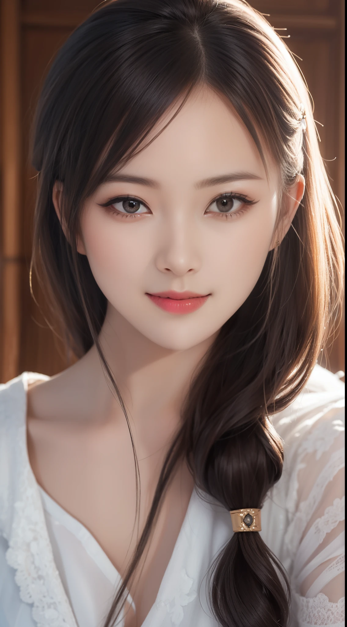 (8k, RAW photos, photorealistic: 1.25), (lip gloss, eyelashes, shiny skin, top quality, ultra high resolution, depth of field, chromatic aberration, caustics, wide lighting, natural shading, Kpop idol) look at the viewer with calm and goddess-like happiness, pose, swimsuit, blonde hair, hairpin,