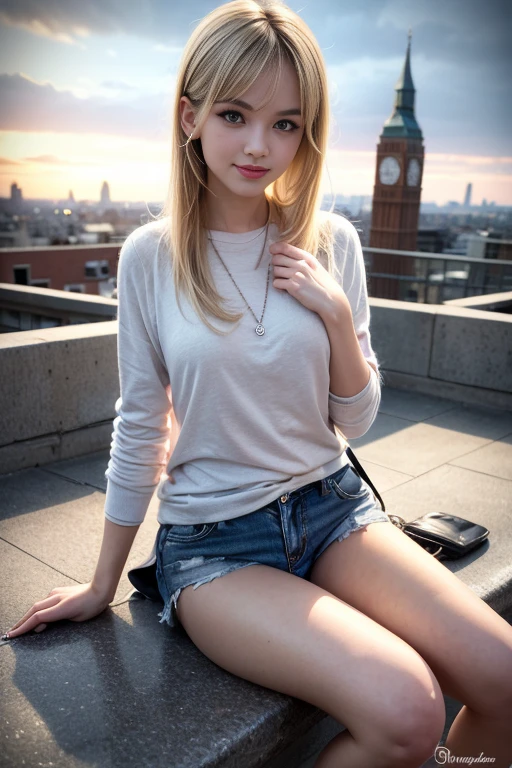 (best quality,highres,masterpiece:1.2),ultra-detailed,portrait,beautiful,detailed eyes,beautiful,detailed lips,extremely detailed eyes and face,long eyelashes,skinny,fit body,playful expression,innocent look,cute smile,happy aura,rooftop,city view,vibrant colors,youthful energy,stylish outfit,trendy fashion,summer sunshine,glowing skin,highlighted hair,playful pose,confident posture,sassy attitude,subtle makeup,soft lighting