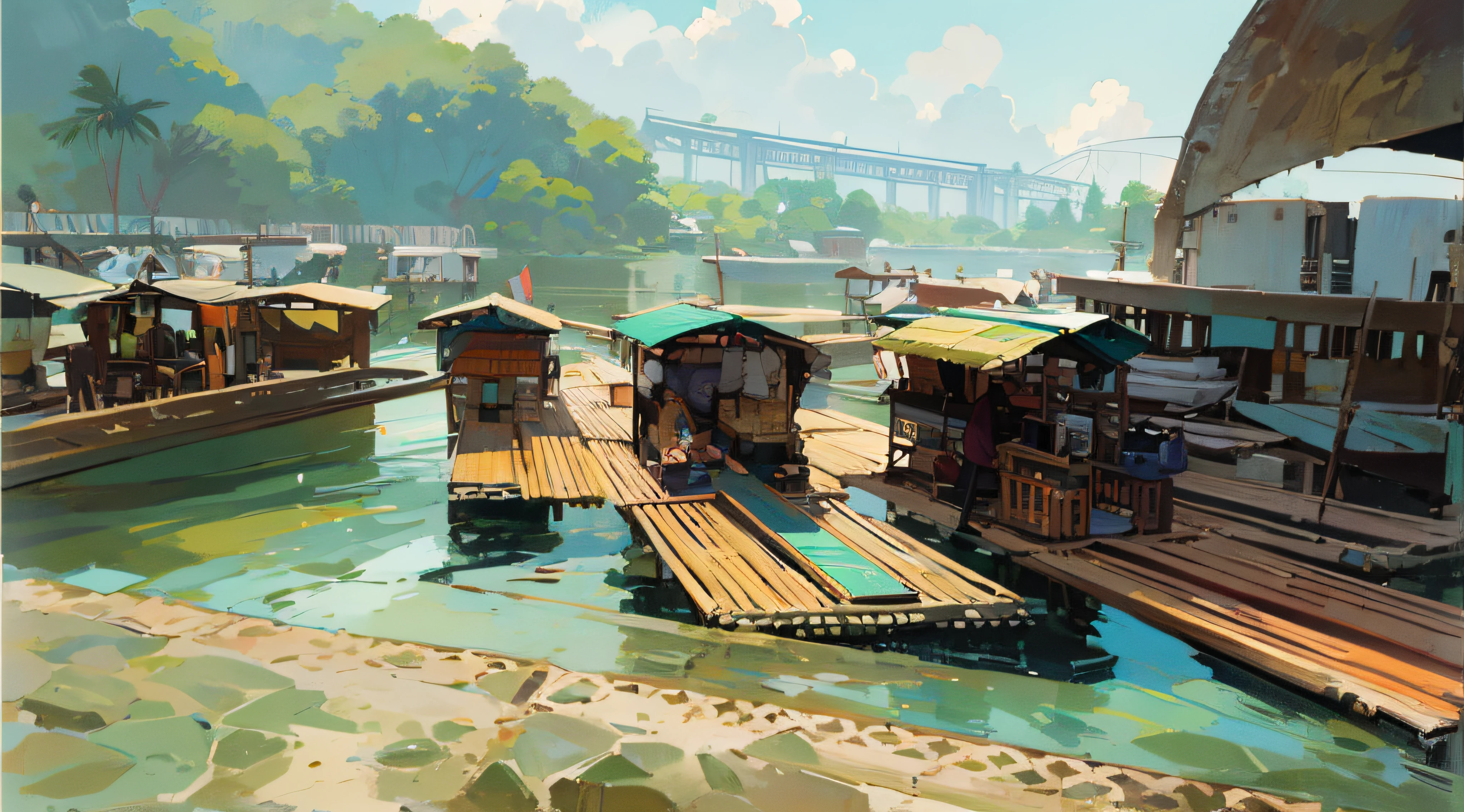 ghibli style background illustration, bamboo boats on the water, there are many boats docked at the dock on the water, boat dock, lake view, fishing village, small dock, flooded fishing village, rock motived ground, stair, low wall, memorable scene, day time, coban, fishing town, instagram post, day time,