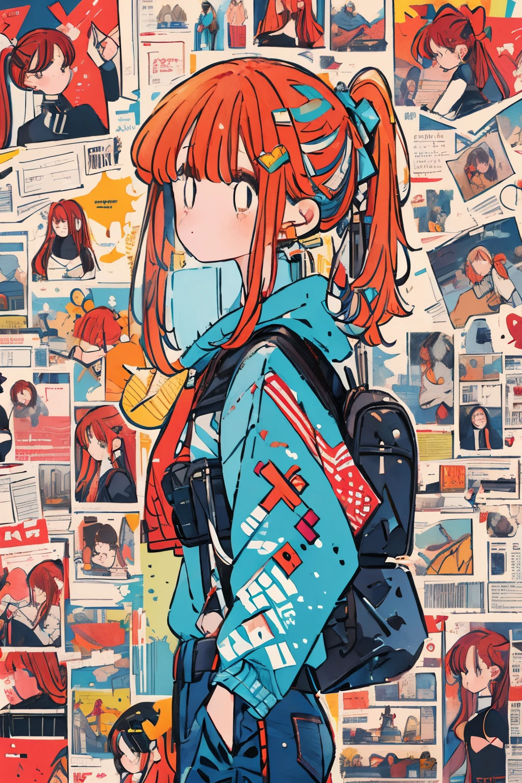 (draw) ((masterpiece, best quality)) (character design sheet, same character, front, side, back, with words written around it) a woman with long, red hair and a ponytail hairstyle, brown eyes, wearing a bulletproof vest, a long-sleeved T-shirt with the zipper closed, a white shirt and jeans, backpack, standing relaxing