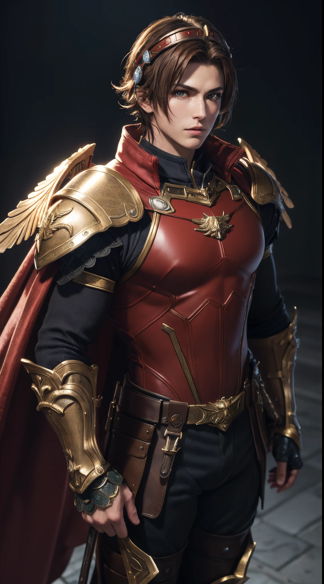 (absurdres, highres, ultra detailed, HDR), masterpiece, best quality, Valkyrie Profile Character handsome boy in red Valkyrie suit short hair wearing headgear brown hair