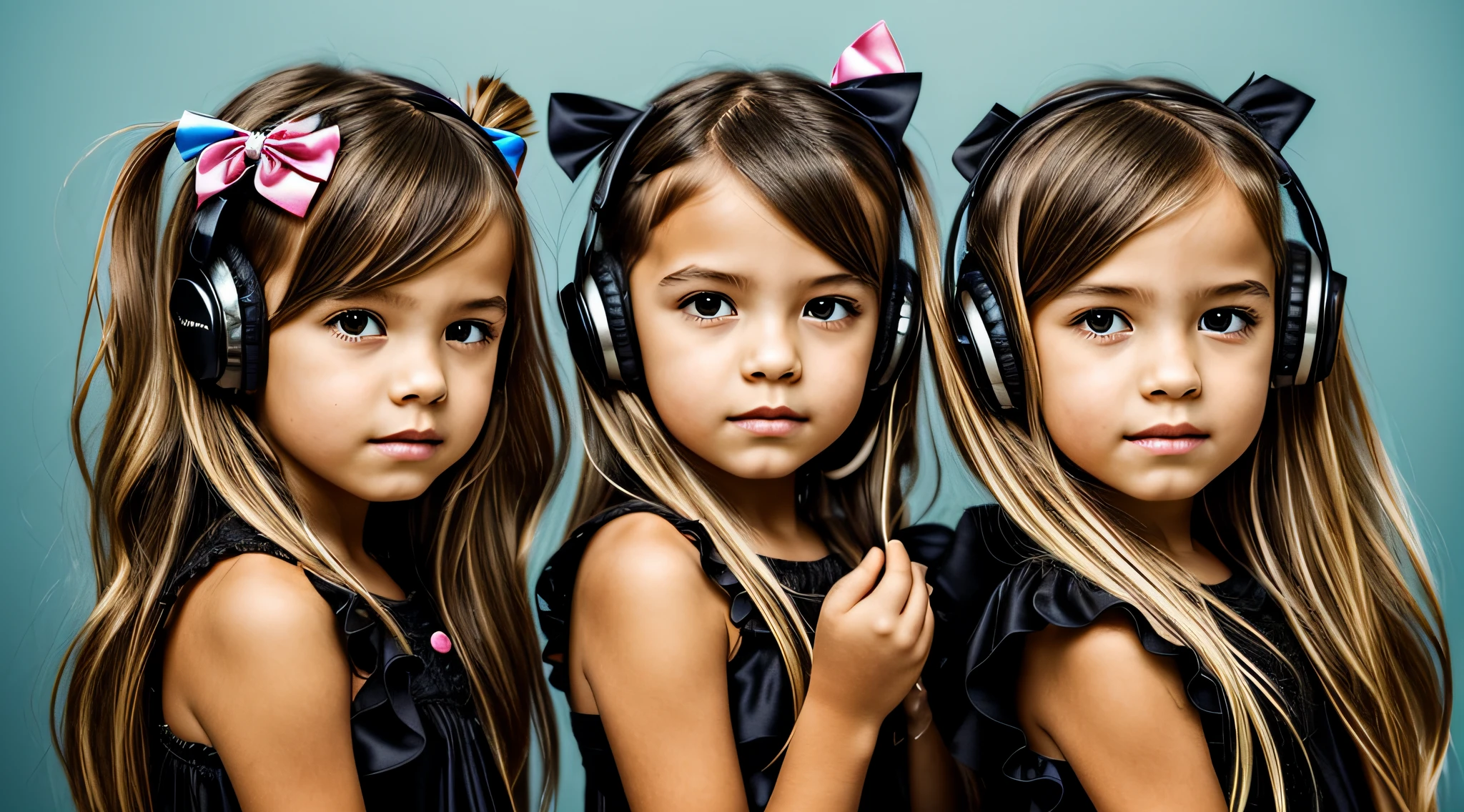 fundo preto. two girls GOLD BLONDE KIDS WITH LONG HAIR with bows on their heads AND HEADPHONES and one wearing a BLACK dress, FONES DE OUVIDO FOGO E FOGO. GREEN Billowing smoke GREEN, portrait of twins twins, faixa de cabelo AMARELO,