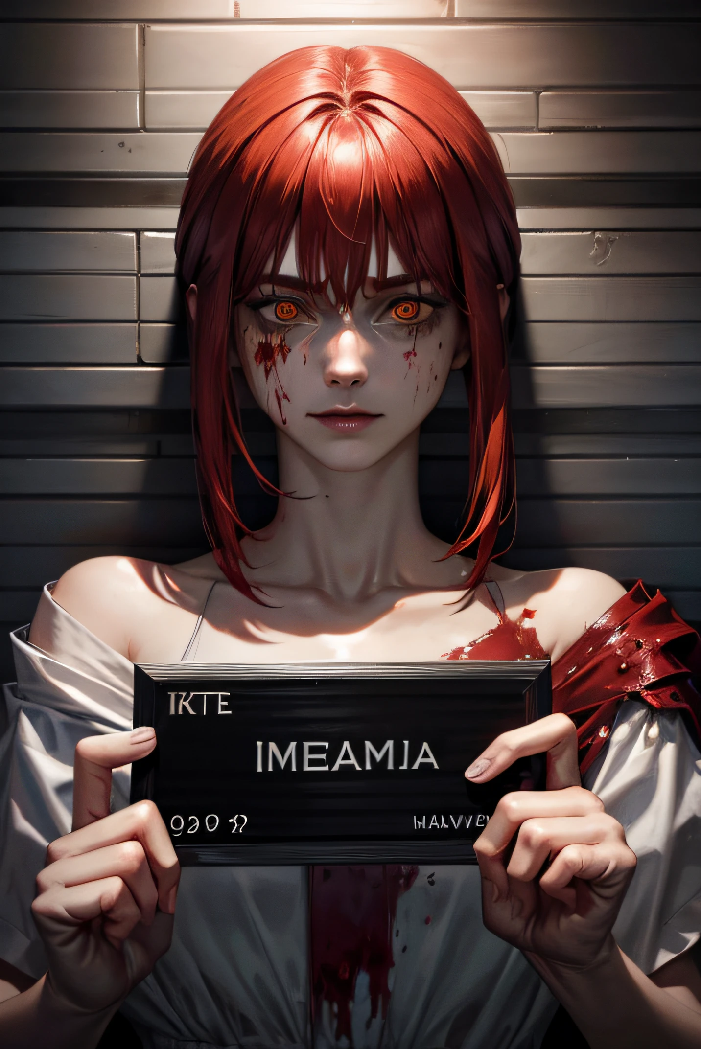 corpse, sinister, female, thin, pale, looking at the camera, ultra realistic, fully detailed, cemetery environment, bright eyes, white dress torn and stained with blood, bones exposed, putrid wounds, sensual, terrifying, bruised by the body, exposed fracture in the collarbone, slight smile, super detailed, white eyes,gun shots in the body, red hair, mugshot, makima, blood on face
