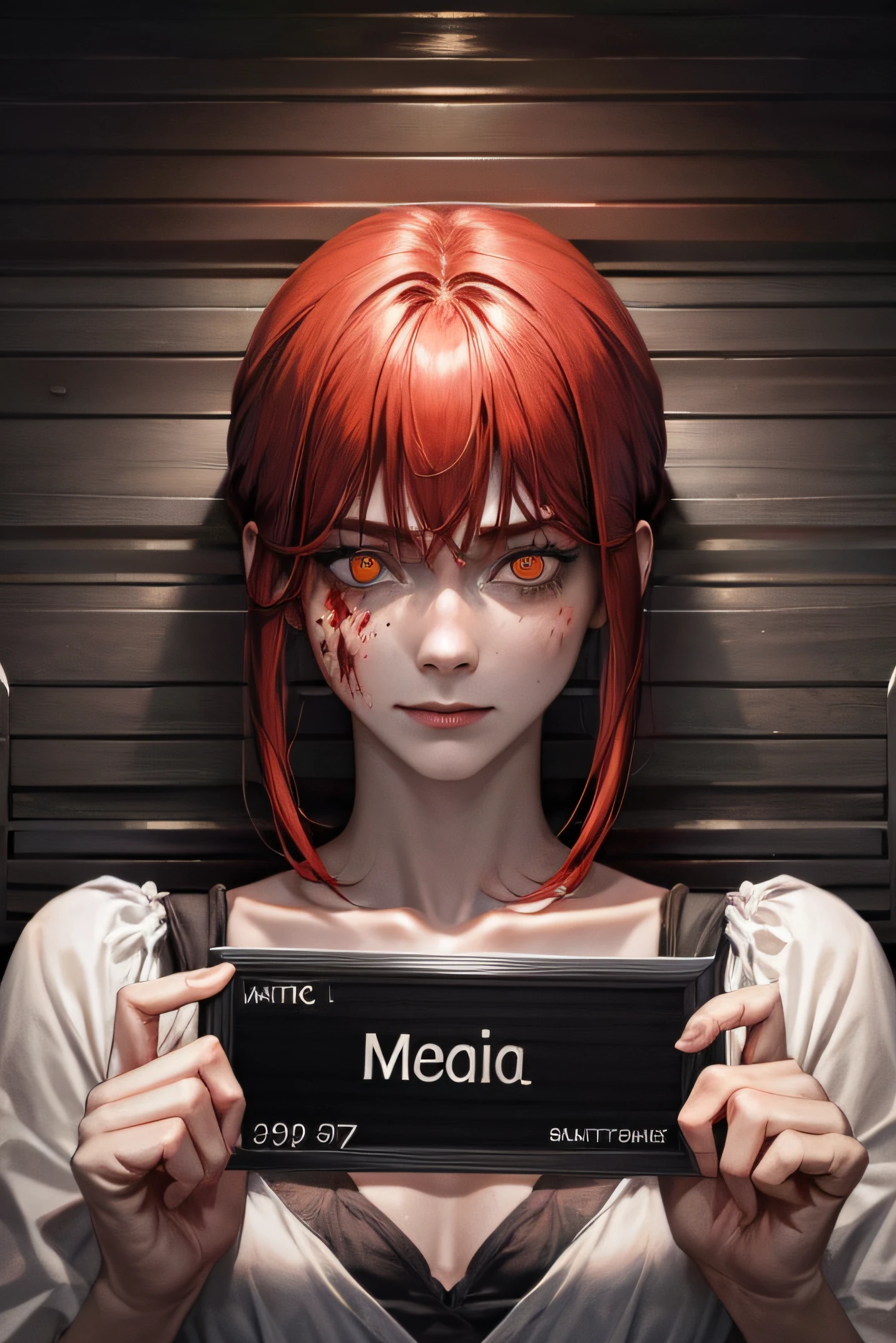 corpse, sinister, female, thin, pale, looking at the camera, ultra realistic, fully detailed, cemetery environment, bright eyes, white dress torn and stained with blood, bones exposed, putrid wounds, sensual, terrifying, bruised by the body, exposed fracture in the collarbone, slight smile, super detailed, white eyes,gun shots in the body, red hair, mugshot, makima, blood on face