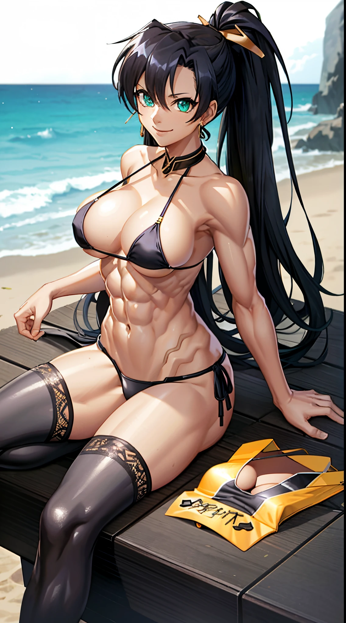 masterpiece, best quality, 1girl, breasts, solo, fuuma tokiko, black hair, long hair, ponytail, (black bikini:1.5), green gemstone, jewelry, smile, (abs:1.5), toned, looking at viewer, (muscular:1.3),