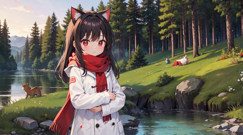 A small girl with red eyes and dark hair with a white coat and red scarf camping in the forest at day bright with a cat in her harm looking at the sky next to the river