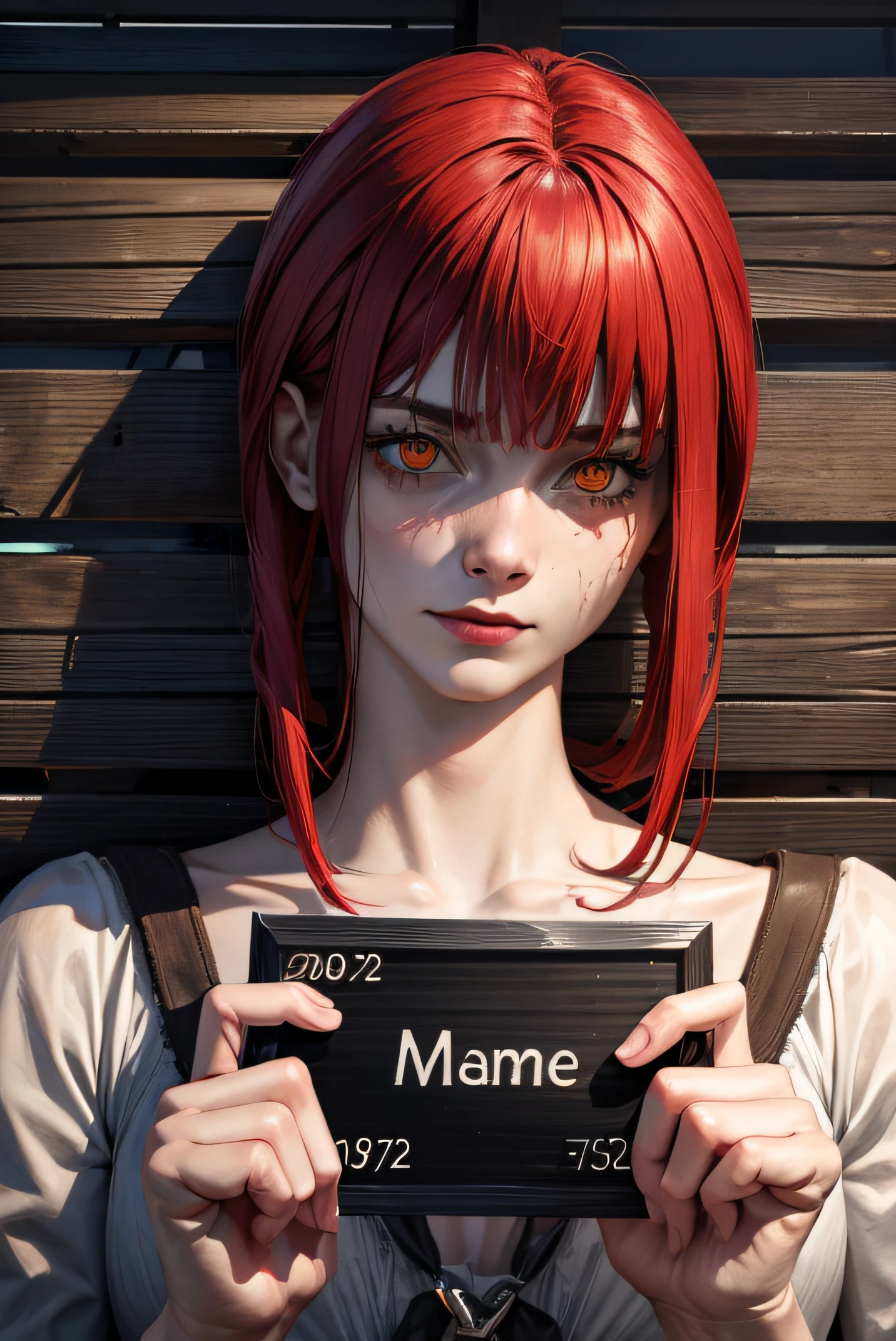 corpse, sinister, female, thin, pale, looking at the camera, ultra realistic, fully detailed, cemetery environment, bright eyes, white dress torn and stained with blood, bones exposed, putrid wounds, sensual, terrifying, bruised by the body, exposed fracture in the collarbone, slight smile, super detailed, white eyes,gun shots in the body, red hair, mugshot, makima, blood on face