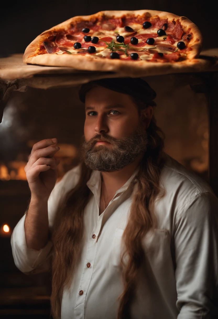 A photo of a beautifully crafted homemade pizza,original,Overweight, wears fedora, neck beard, bad skin, bloodshot eyes, bad hygiene, greasy hair