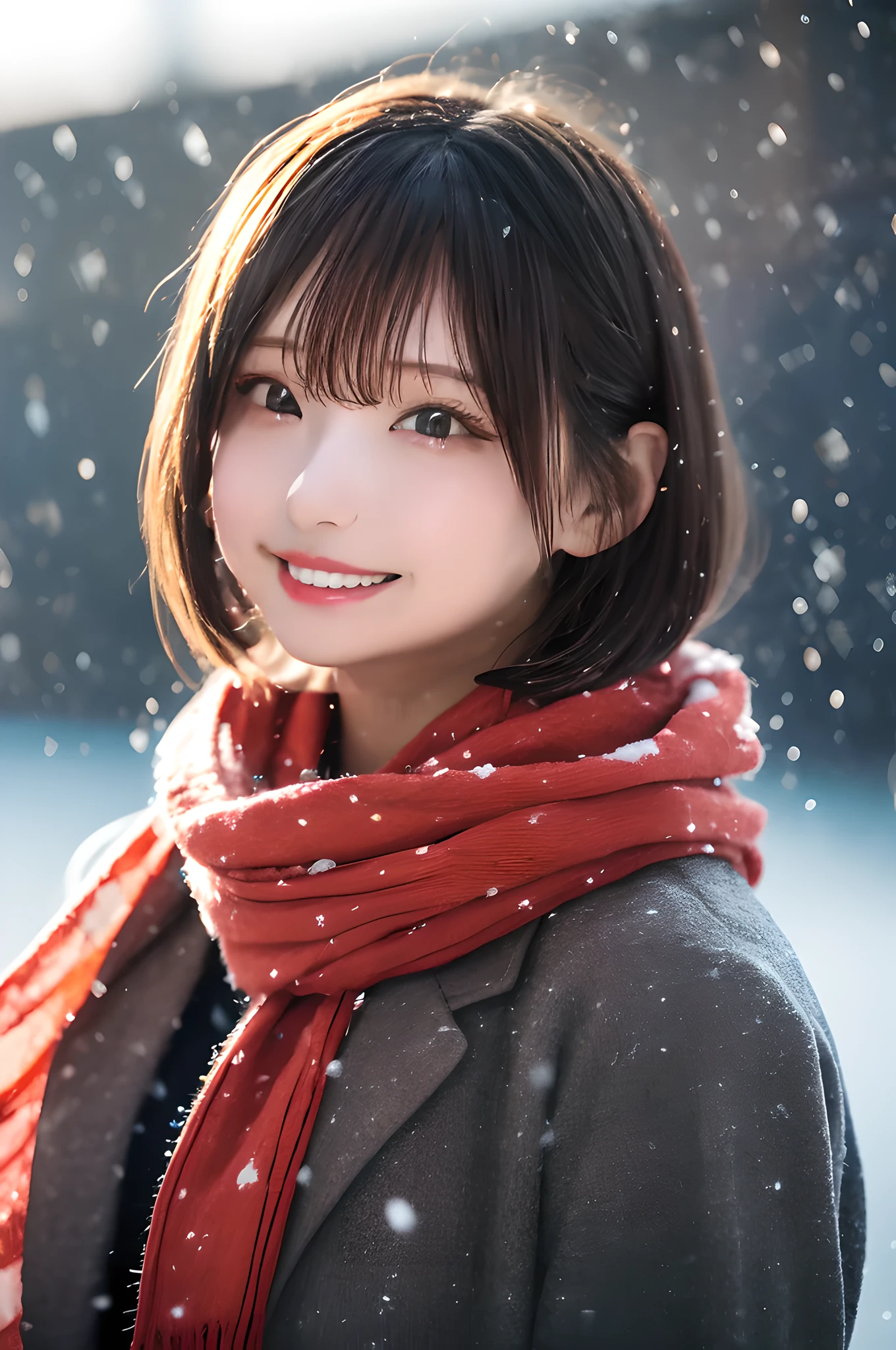 (Highest quality: 1.5), (masterpiece: 1.2), (Realistic: 1), 4K, (RAW Photos: 1.1), 1 person, Baby Face, 20-year-old, Looking at the audience, Black Hair, Icelandic, snow, ice, cold, Eskimo, Portraiture, winter, gloves, scarf, close your eyes, smile, cute, Upper Body, snow piled up, Wide Shot,