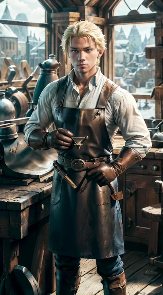 ((solo, three-quarters perspective, blacksmith, young adult, blonde hair, blue eyes, blacksmith apron, white medieval shirt, male, masculine, athletic build, leather gloves)), window, interior