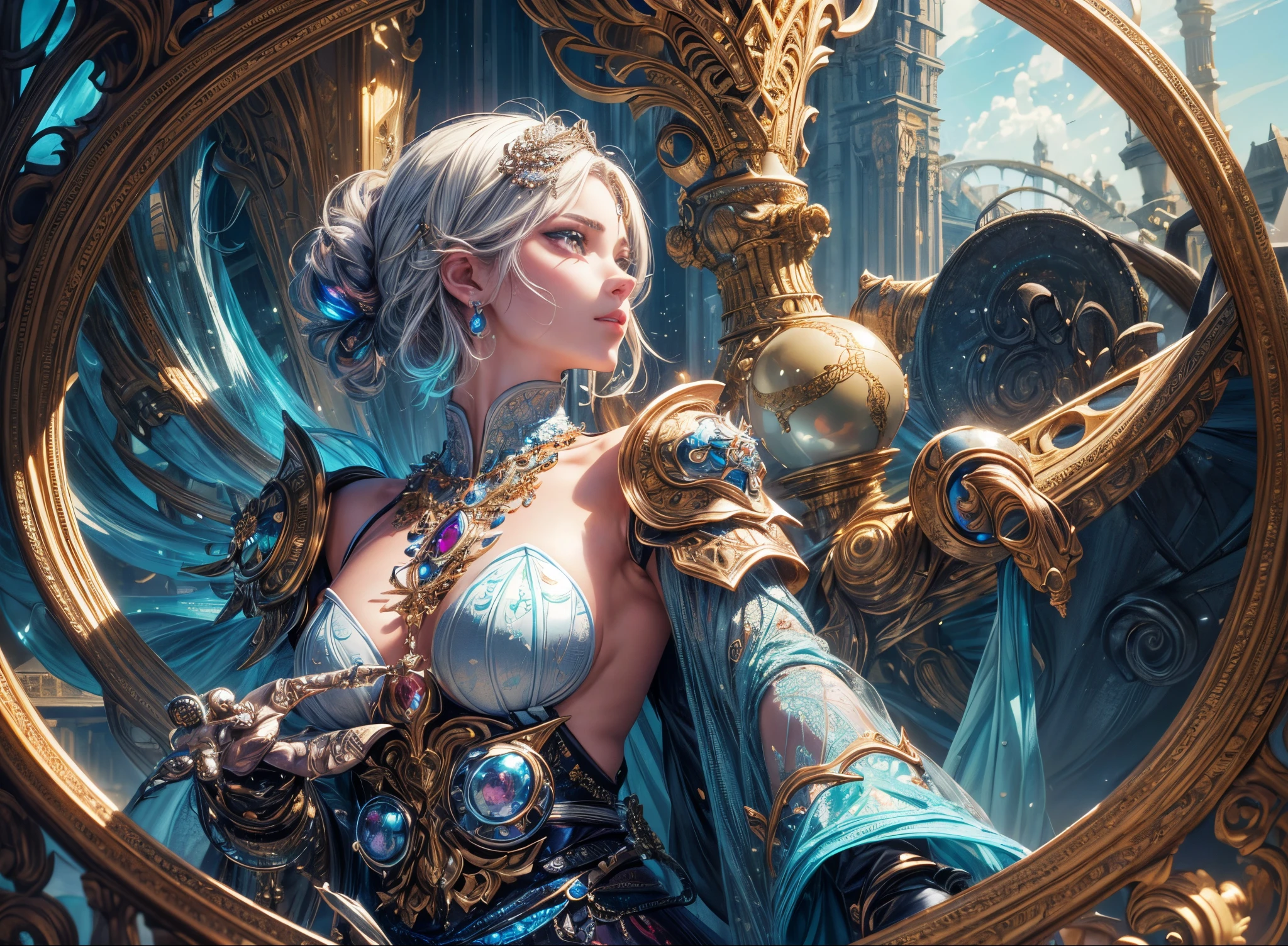 ((Best quality)), ((masterpiece)), ((highly intricate details)),beautiful, high quality, highres, absurdres, light difussion, intricate details, complex details, ((anime)), (anime:1.2) , (perfect face:1.3), extreme detailed eyes, colorful, highest detailed, vibrant colors, high contrast, (8K UHD:1.2), (photorealistic:1.2),(masterpiece:1.4), (best quality:1.4), realistic,medium breast.masterpiece, high quality, 3d, 8k cg, intricate details, detailed background, sacred. ornaments, byDylanKowalski, ((1girl)), upper body, muscular, skindentation, looking to the side, short hair, prosthesis, mechanical arms, synthetic skin, porcelain, pearl, holographic, titanium, diamond, ruby, sapphire, gemstones, clockwork, grunge, worn edges, armor,