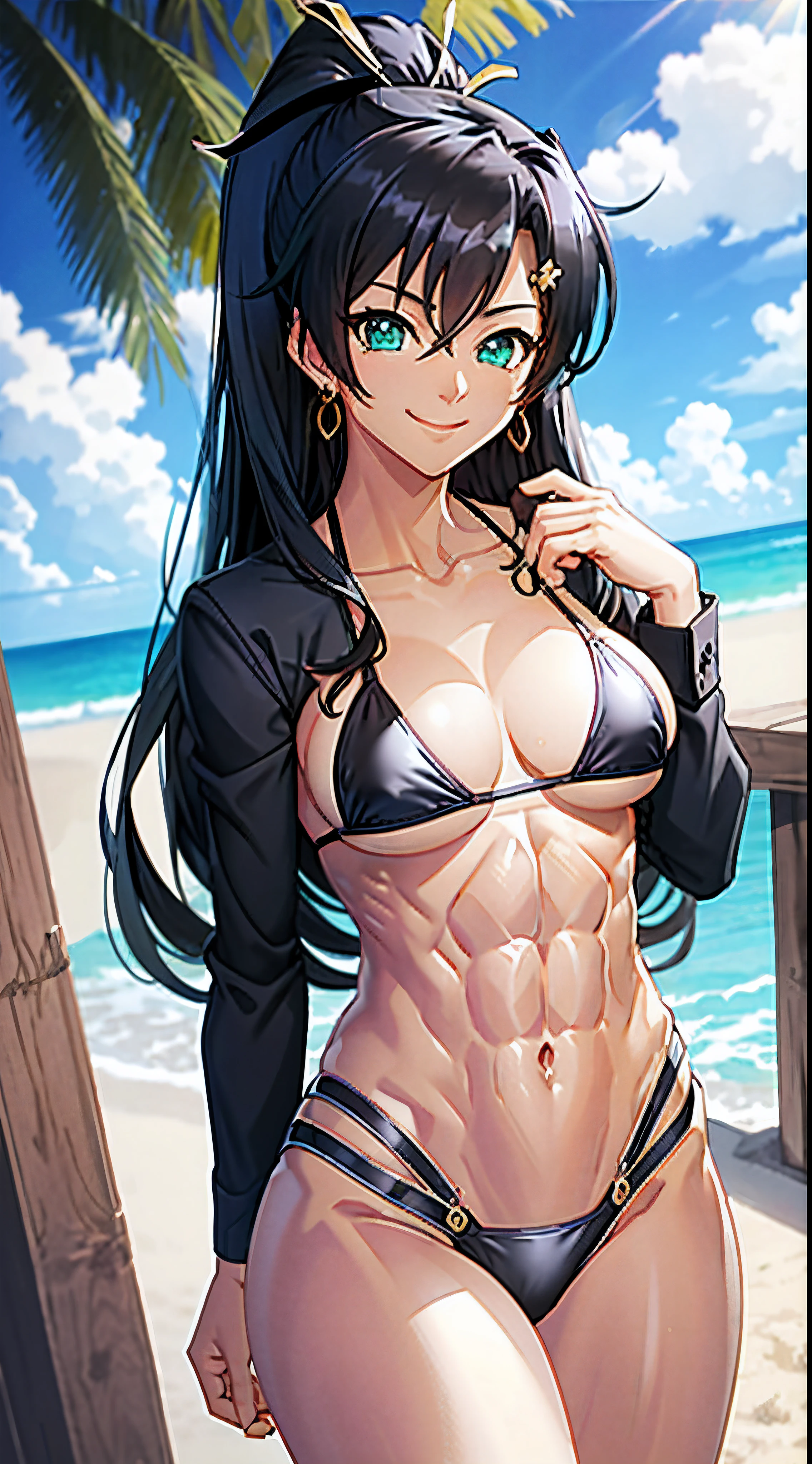 masterpiece, best quality, 1girl, breasts, solo, fuuma tokiko, black hair, long hair, ponytail, (black bikini:1.5), green gemstone, jewelry, smile, (abs:1.5), toned, looking at viewer, (muscular:1.3),