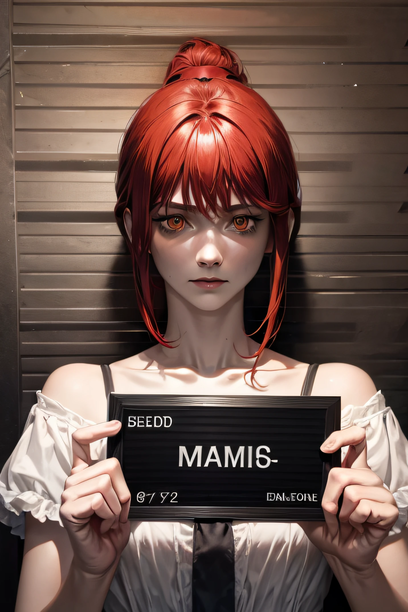 corpse, sinister, female, thin, pale, looking at the camera, ultra realistic, fully detailed, cemetery environment, bright eyes, white dress torn and stained with blood, bones exposed, putrid wounds, sensual, terrifying, bruised by the body, exposed fracture in the collarbone, slight smile, super detailed, white eyes,gun shots in the body, red hair, mugshot, makima, blood on face