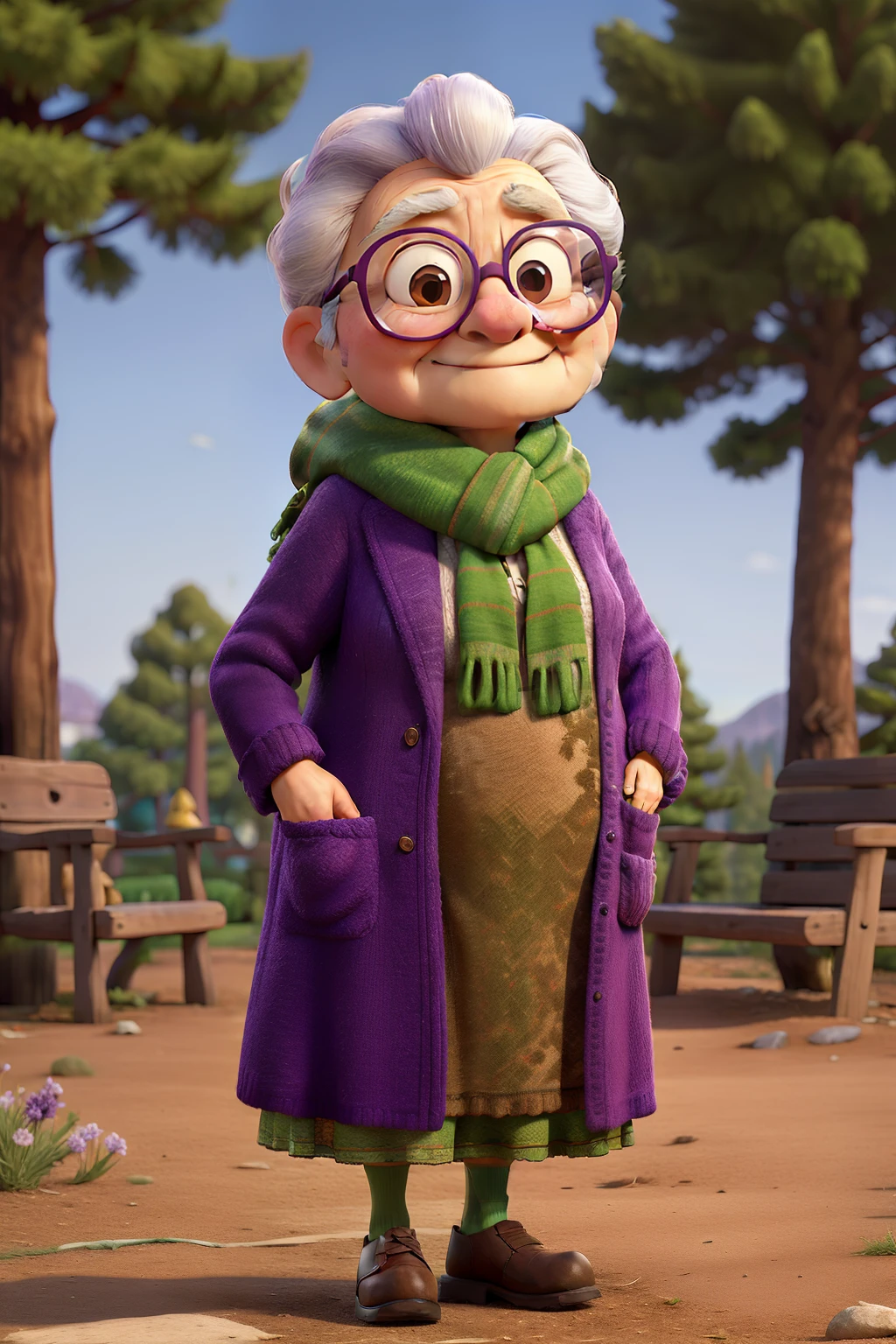 masterpiece, best quality, an old woman with glasses and a scarf on, wearing a purple coat and green scarf, standing at the park