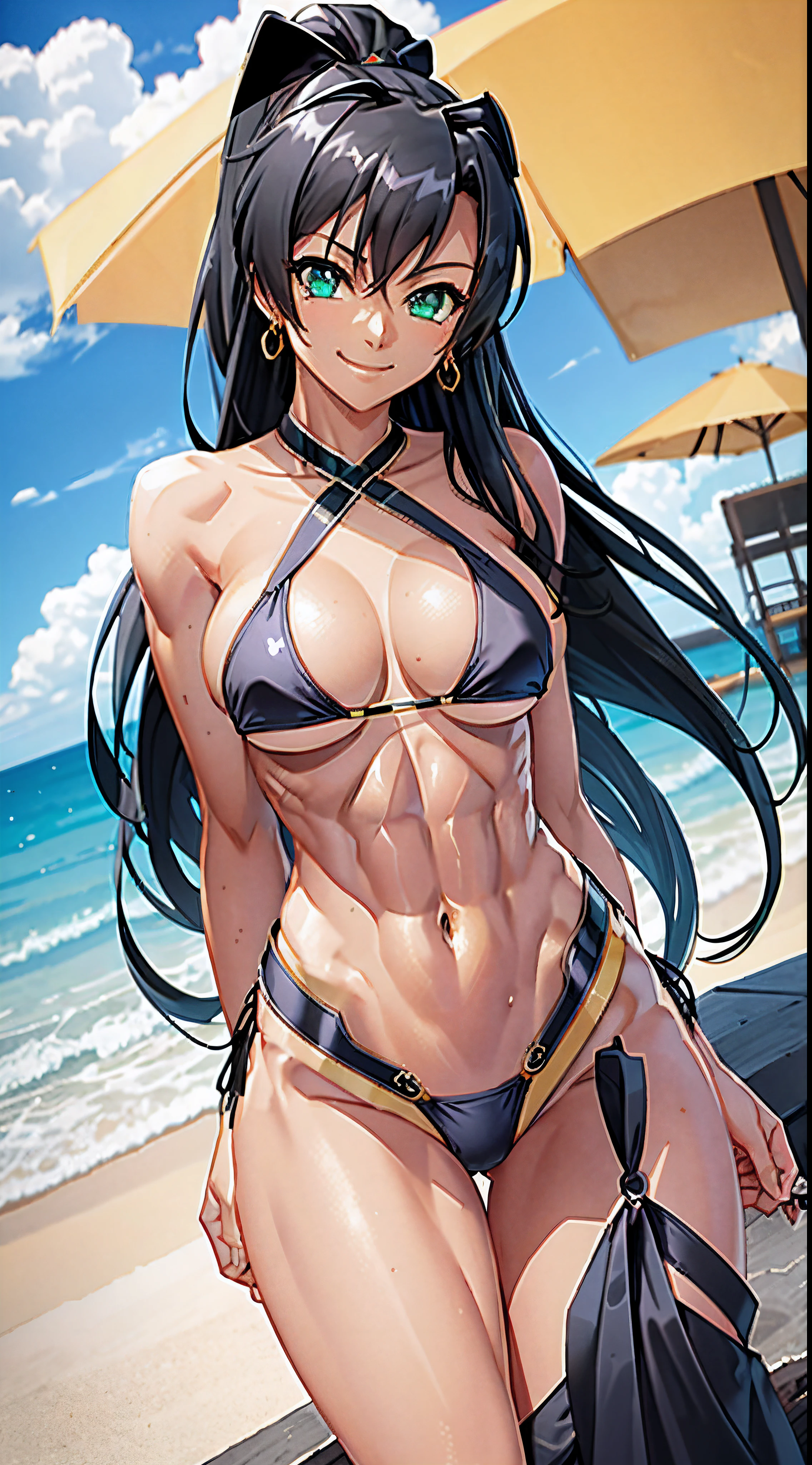 masterpiece, best quality, 1girl, breasts, solo, fuuma tokiko, black hair, long hair, ponytail, (black bikini:1.5), green gemstone, jewelry, smile, (abs:1.4), toned, looking at viewer, (muscular:1.2),