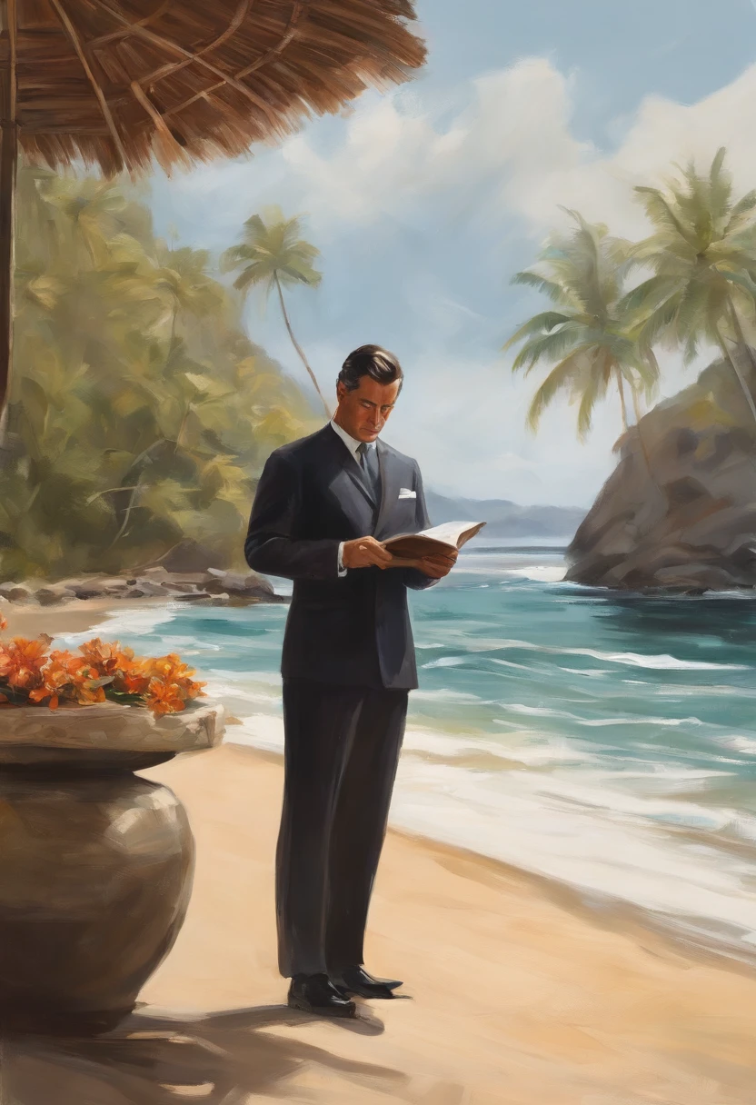 A photo of Armond sketching a stormy seascape in a moleskine notebook,original,Armond, a character from the TV series “The White Lotus,” is portrayed as a suave and sophisticated resort manager, with a meticulously groomed appearance, often seen in his crisp, professional uniform that adds to his air of authority and composure. His sharp, angular features and intense gaze give him a charismatic yet somewhat inscrutable presence, perfectly fitting his role in the luxurious resort setting. He works at the White Lotus resort in Hawaii.