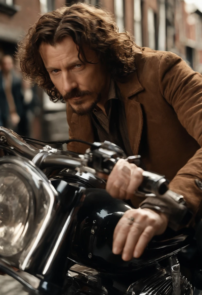 A video of Sirius riding a motorcycle through the streets of Amsterdam, weaving through traffic,Harry Potter and the Prisoner of Azkaban,Sirius Black is tall, with shaggy curly brown hair, has a goatee. Has tattoos over his body. Famously portrayed by Gary Oldman