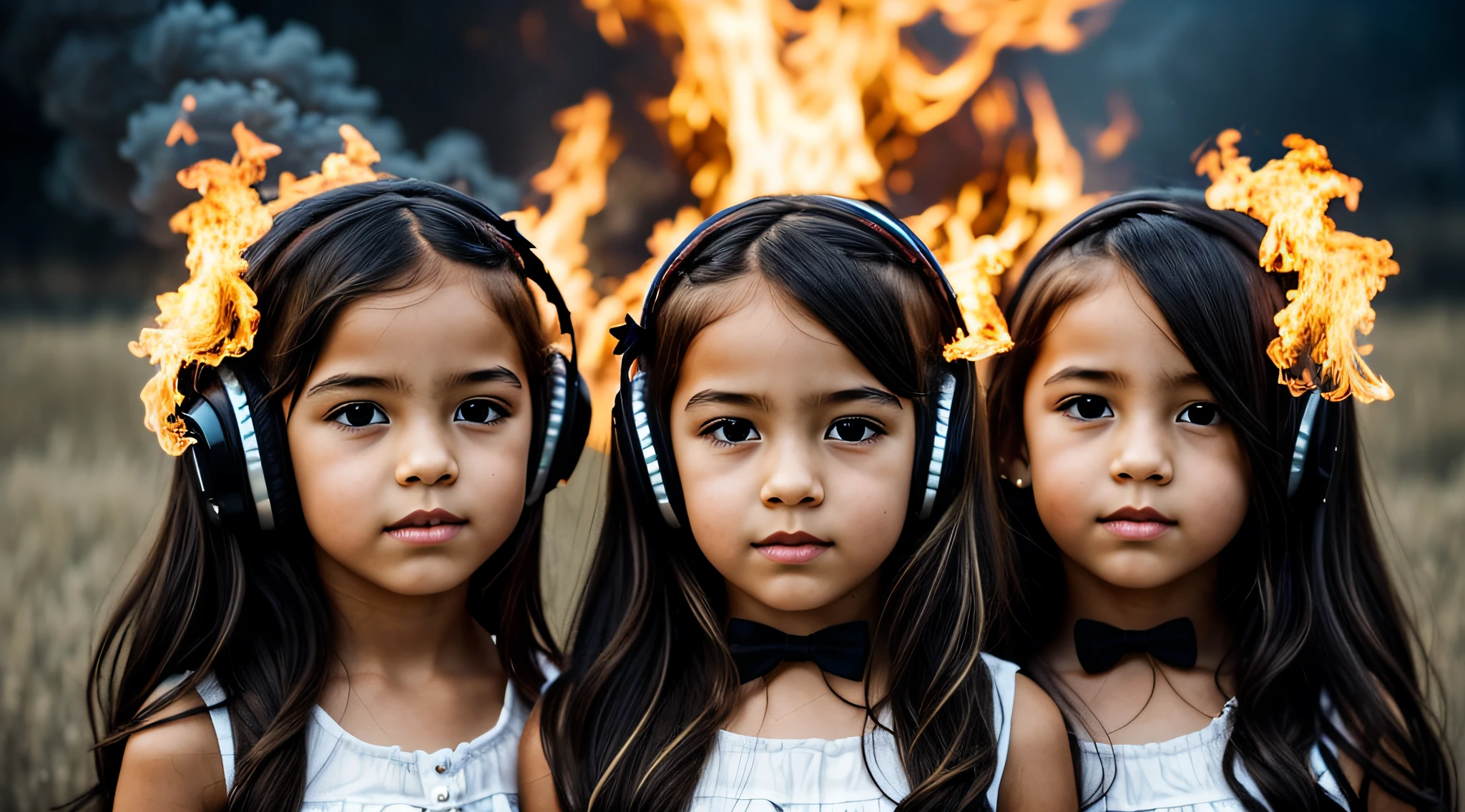 two KIDS BLONDE girls LONG HAIR with bows on their heads and one wearing a BLACK dress, HEADPHONES FIRE AND FIRE. smoke billowing, gemini twins portrait, faixa de cabelo AMARELO,