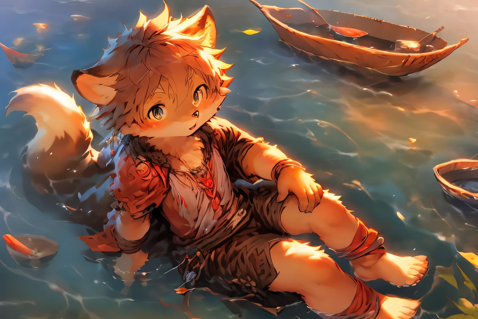 Anime style illustration of fox fishing with fishing rod in river, Cute and detailed digital art, Very very beautiful furry art, Detailed fanart, high-quality wallpaper, dress up as a fisherman 🧥, furry fantasy art, Popular topics on artstation pixiv, High-quality fanart, Human fox, cute fox（,Libido boy，male people，Sit Pose，The perspective is from above），by Pino Deheni, Kanikai, Milk Tiger 1145, Dagasi, ys，