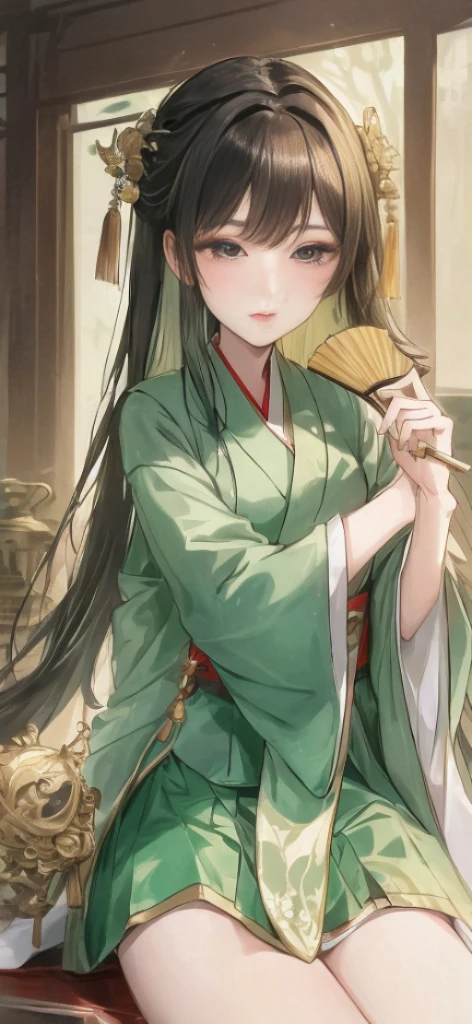 One of them is wearing a green skirt、Cartoon image of woman holding fan, closeup portrait, 宮 ，Chinese furniture， A girl in Hanfu, floating robe,wearing a long flowing robe, floating robe, Inspired by Qiu Ying, Ancient Chinese maid, ((wearing aristocrat robe))，Chinese furniture，Luxury，