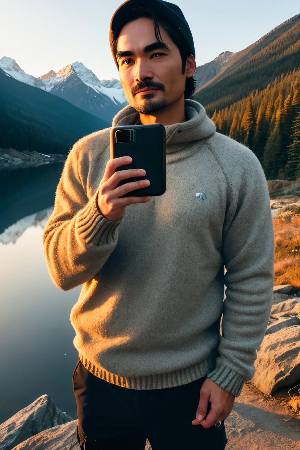 Lee Jin Wook ((upper body selfie, happy)), masterpiece, best quality, ultra-detailed, solo, outdoor, (night), mountains, nature, (stars, moon) cheerful, happy, backpack, sleeping bag, camping stove, water bottle, mountain boots, gloves, sweater, hat, lantern, forest, rocks, river, wood, smoke, shadows, contrast, clear sky, style, (warm hue, warm tone): 1.2), close-up, cinematic light, side lighting, ultra high resolution, best shadow, RAW, upper body, wearing pullover
