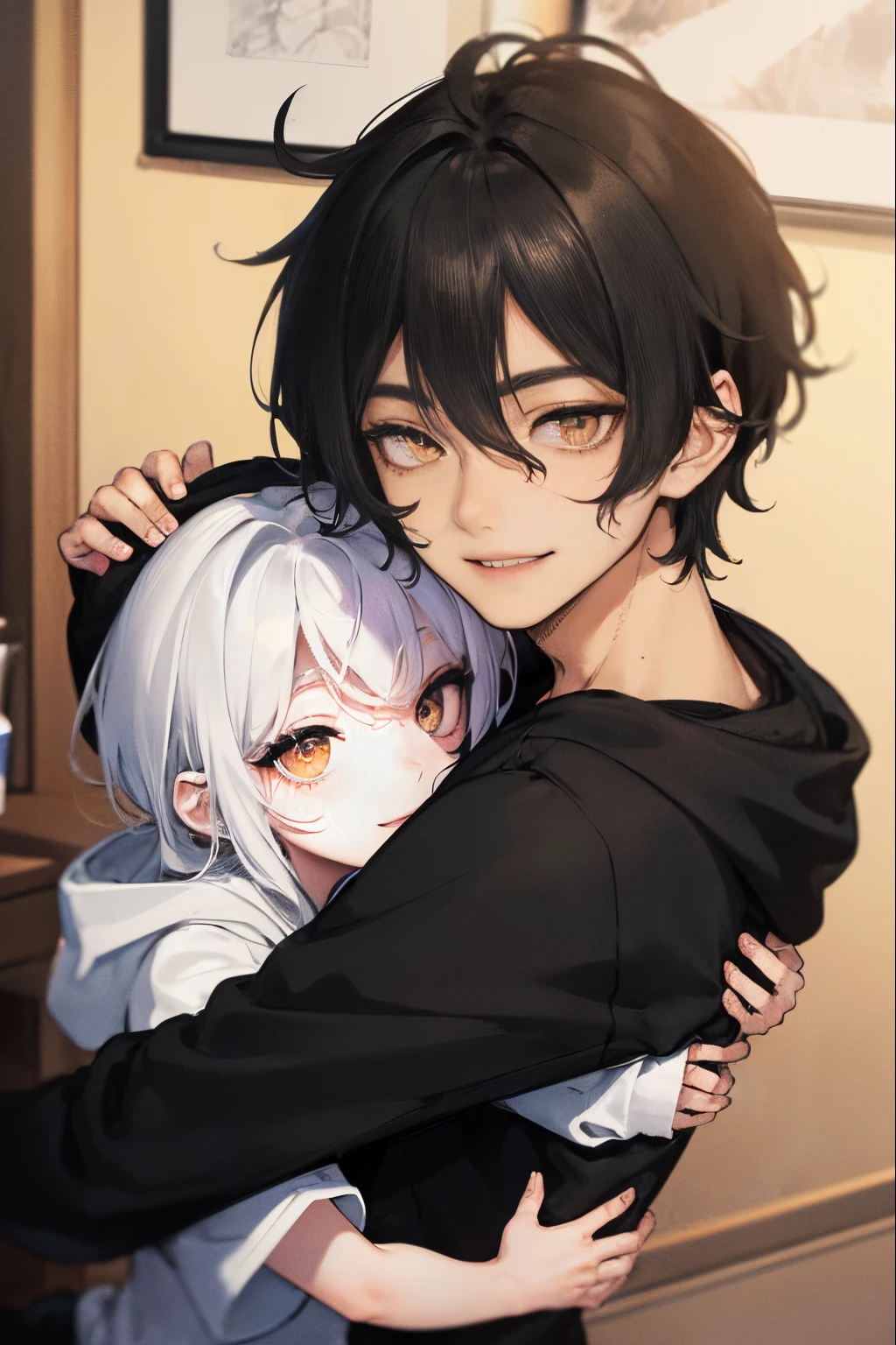 1man, ((long white wavy hair)), swept bangs, ((golden eyes)), smile, modern clothes, hugging a ((boy with short messy black hair and black simple hoodie))