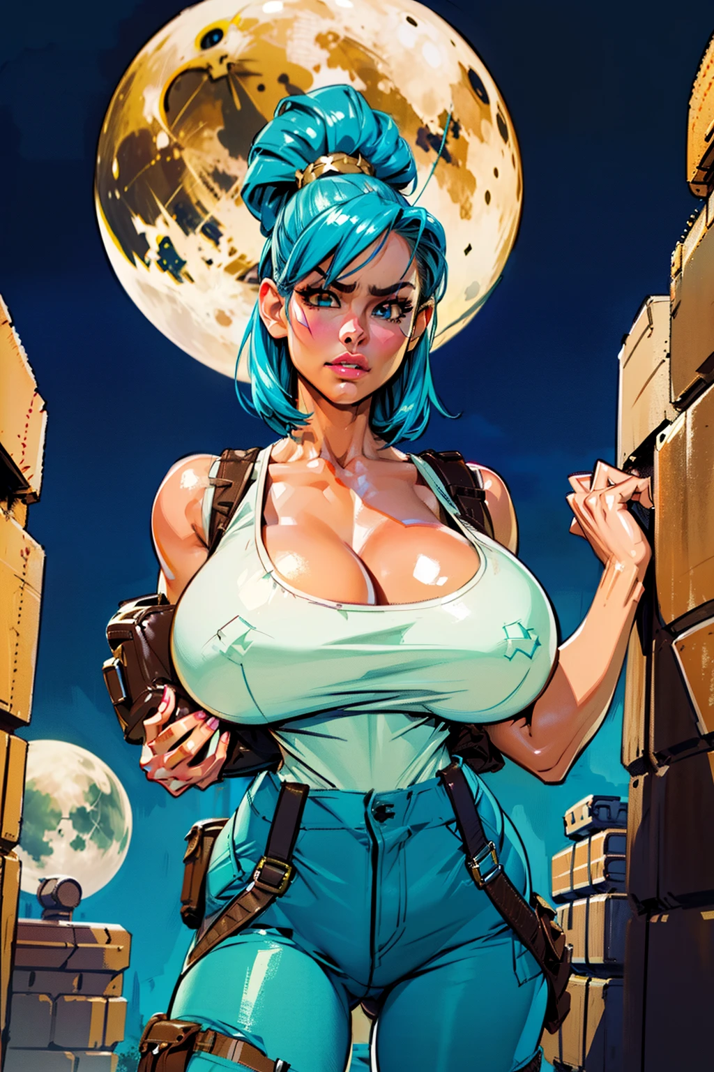 Waifu, masterpiece, curvy, breasts, moon, full moon, gloves, 1girl, clenched teeth, bulma, cleavage, large breasts, teeth, aqua hair, ((white tank top:1.2)), blue eyes, rating:explicit,rule34, hardcore, tits,clenched hands, night, sky, ((brown cargo pants:1.4)),(white skin:1.4), bare shoulders, blue hair, clenched hand, rating:questionable, (((hairtype 4C:1.5))), belt, solo, angry, lip biting(gigantic and massive tits:1.1), breasts, official illustration, illustration, detailed face, beautiful intricate eyes, curvy milf, 1:2), closeup, titsnipples
