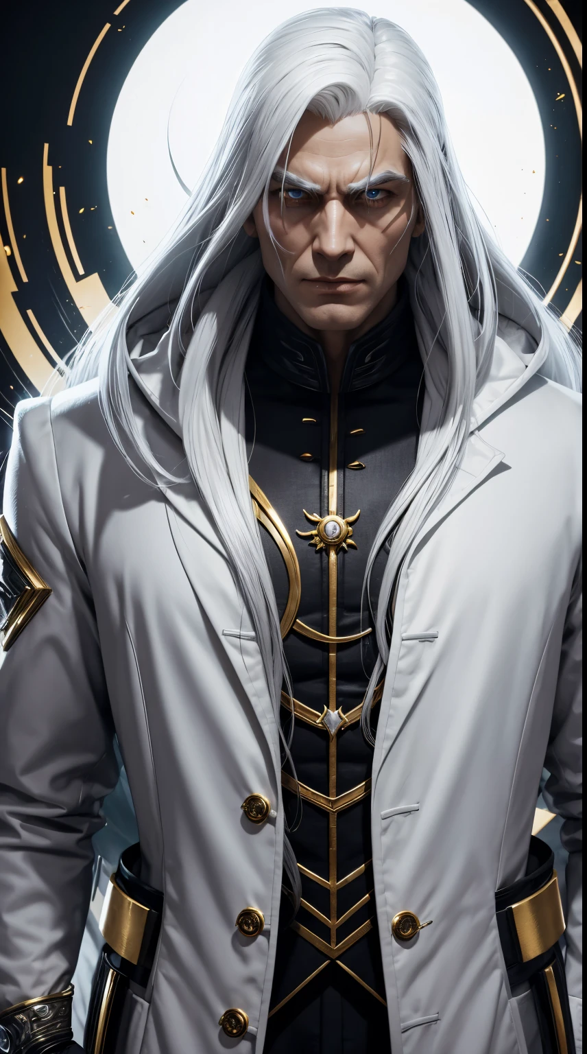 A evil scientist with long white hair wearing a white coat with gold details in mortal kombat 11 style