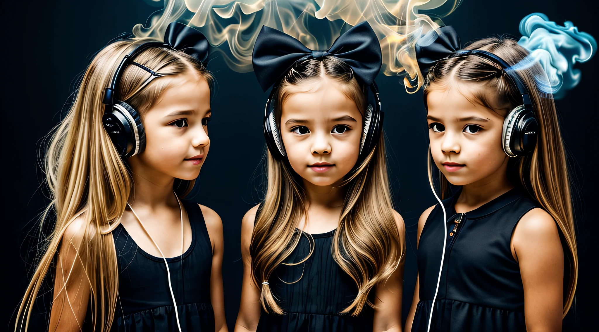 two KIDS BLONDE girls LONG HAIR with bows on their heads and one wearing a BLACK dress, HEADPHONES FIRE AND FIRE. smoke billowing, gemini twins portrait, faixa de cabelo AMARELO,