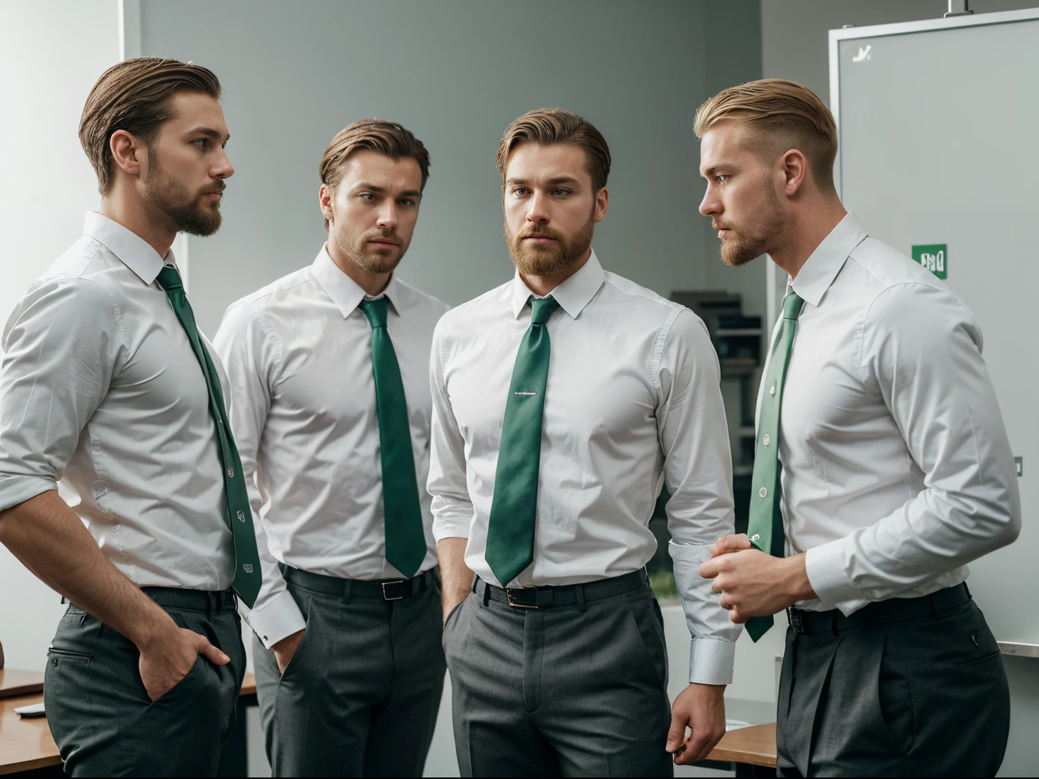 The male leader of a group of male executives is standing in a meeting room in front of a white board wearing gray pants, a white shirt, a green tie and a green suit, he is of white ethnicity, has blond hair, blue eyes and short light brown beard. Four other male executives are sitting at an oval table in the same meeting room wearing gray pants, white shirts, green ties and green jackets, they are of the same male gender, they are of the same white ethnicity, they have blond hair, blue eyes and beards short in light brown tone. The scene is of a scenario of men with doubts, where everyone is thinking about how to solve a problem, a boardroom meeting room, looks of doubt, no answers, everyone has the same face, the same height, the same haircut, the same same white skin tone, same white ethnicity and everyone wears a well-trimmed beard, like the leader. All the same clothes as described above, the same appearance as described above. Corporate Portrait with doubt scene. Everyone looking at the leader who is standing. Humorous scene. Doubts hanging in the air. All with the same face, same clothes, all men, masculine gender. There are no women in this image, only men, who have the same appearance, the extremely identical faces, the same gray pants, the same white shirts, the same green ties, the same green suits, the same haircuts, the same beards, everything exactly the same, extremely realistic figure.
Features of doubt, expressions of doubt, everyone thinking about how to solve the same problem.
Atmosphere of doubt.